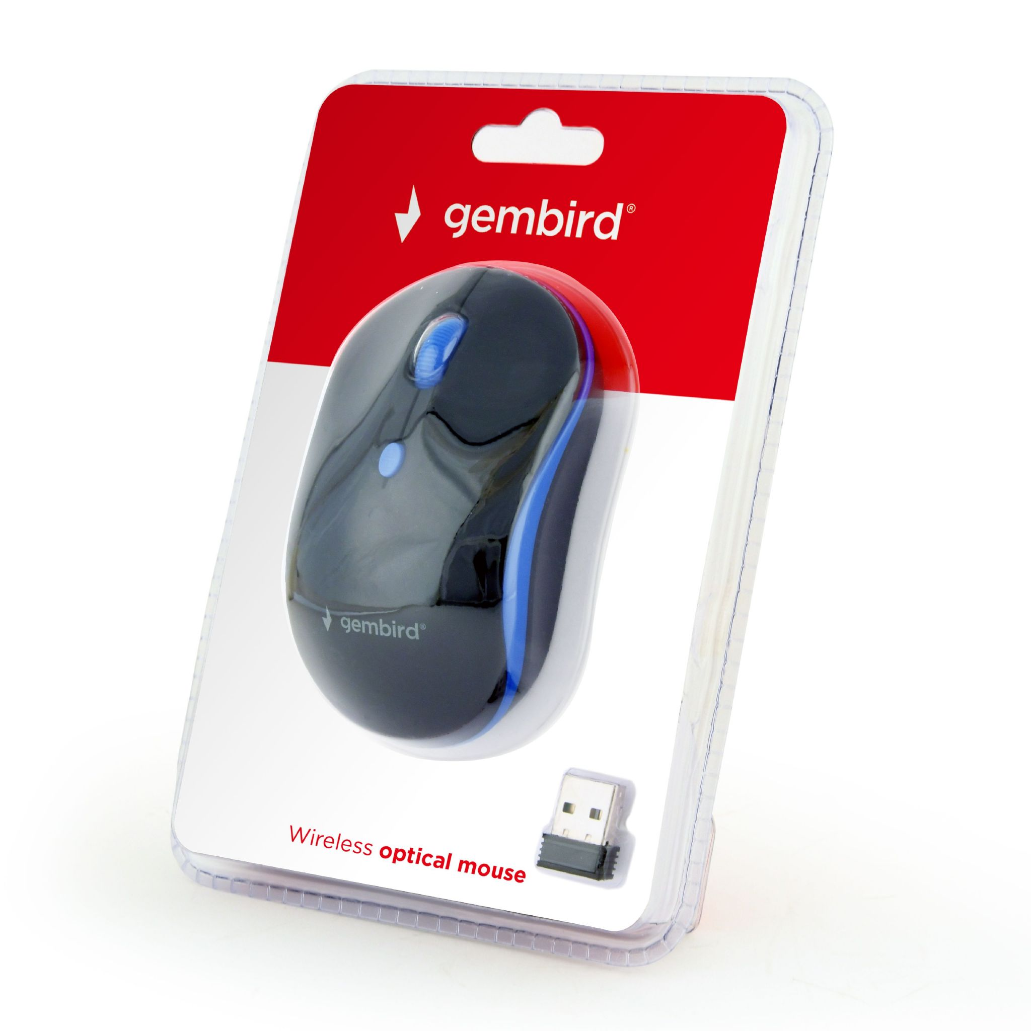 Mouse ottico wireless in confezione. Design nero e blu. Sfondo bianco, logo gembird.
