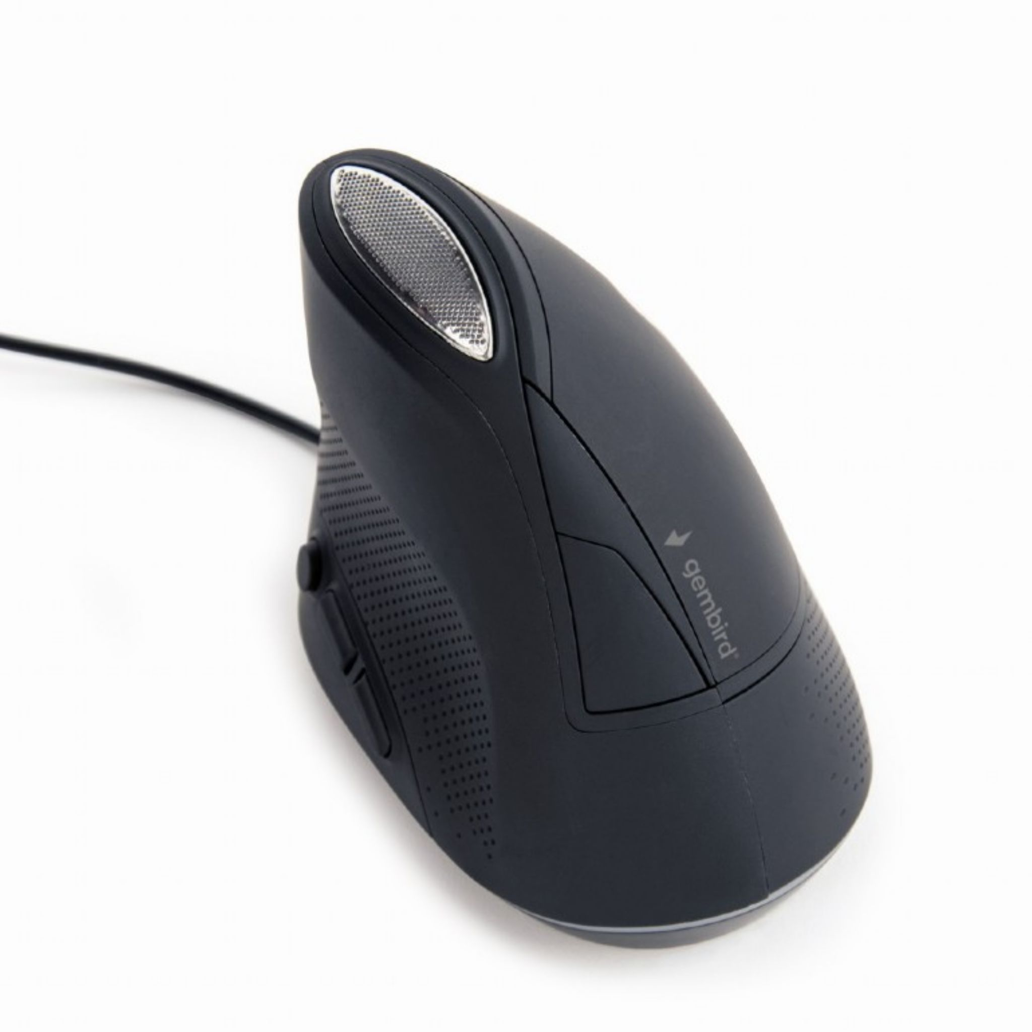Schwarze ergonomische Maus mit silbernem Scrollrad. Gembird Logo sichtbar.