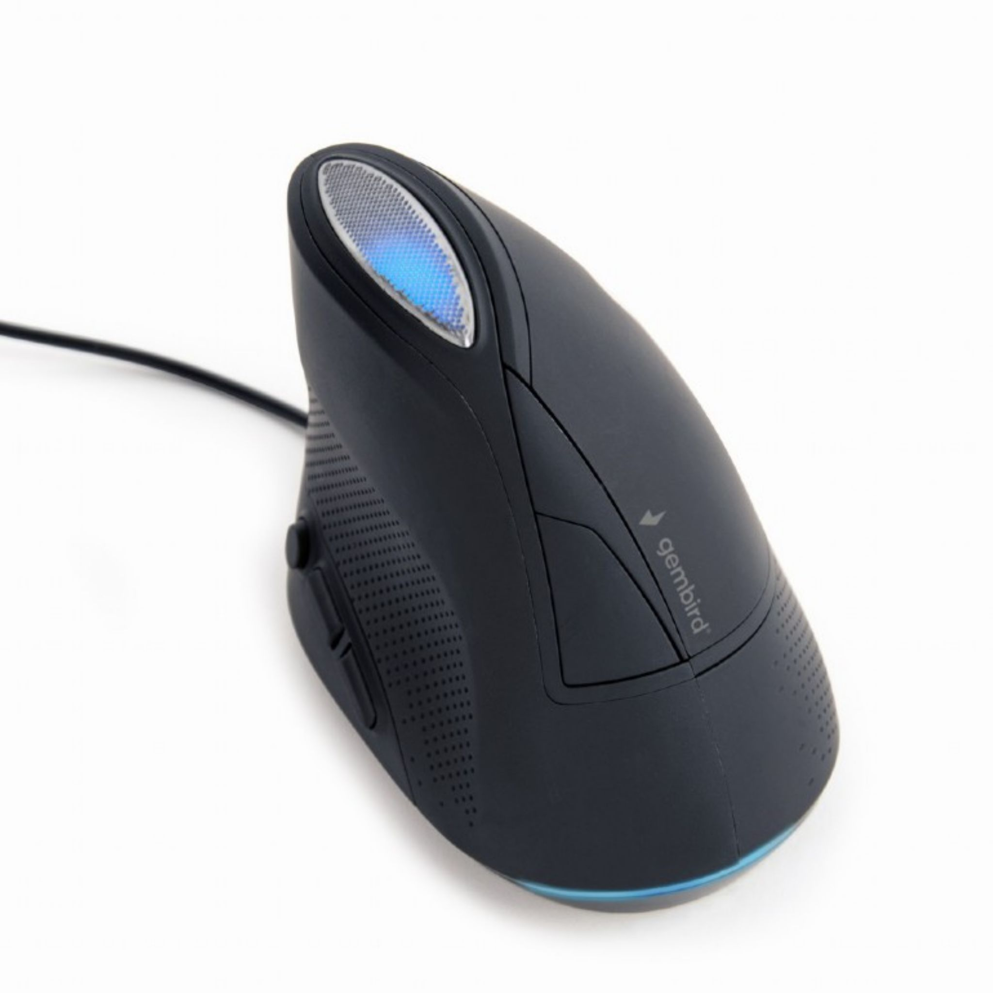 Ergonomische vertikale Maus, schwarz mit blauem Licht, auf weißem Hintergrund.