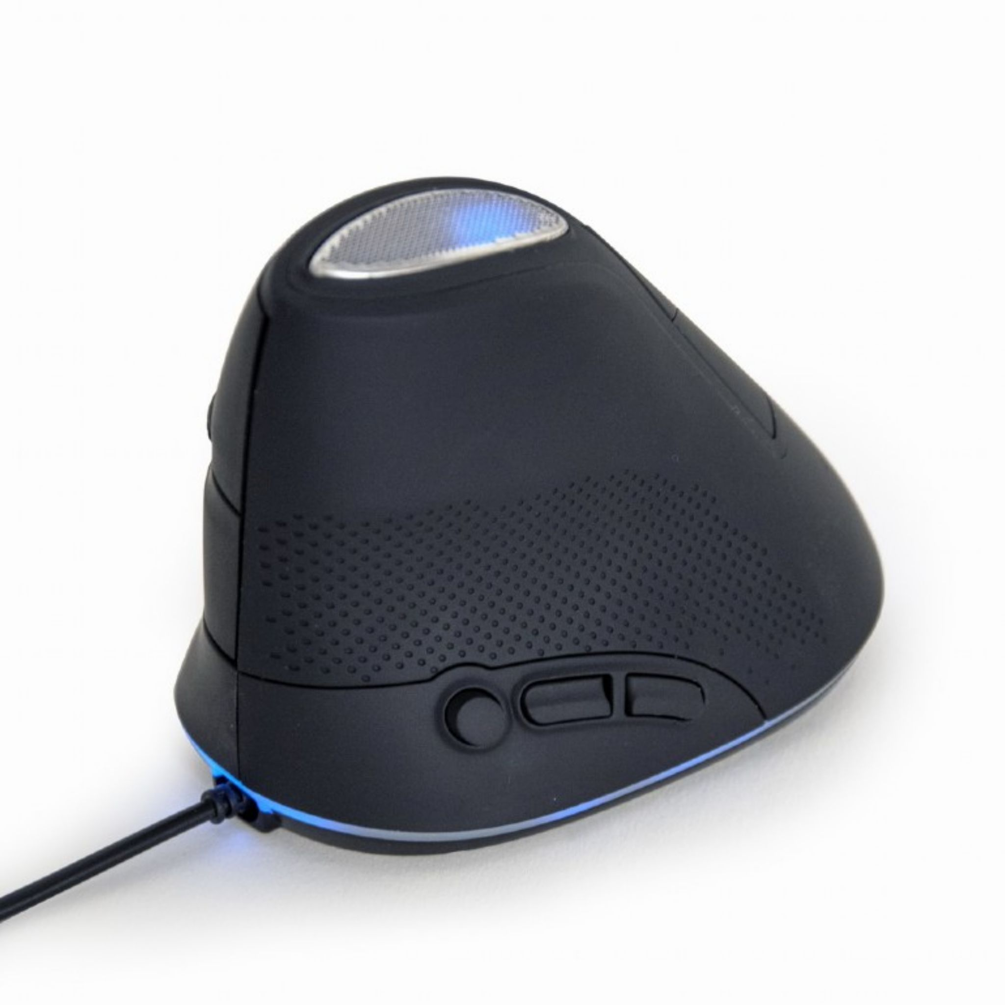 Schwarze ergonomische Maus mit blauem Licht an der Basis. Vertikales Design mit Tasten.