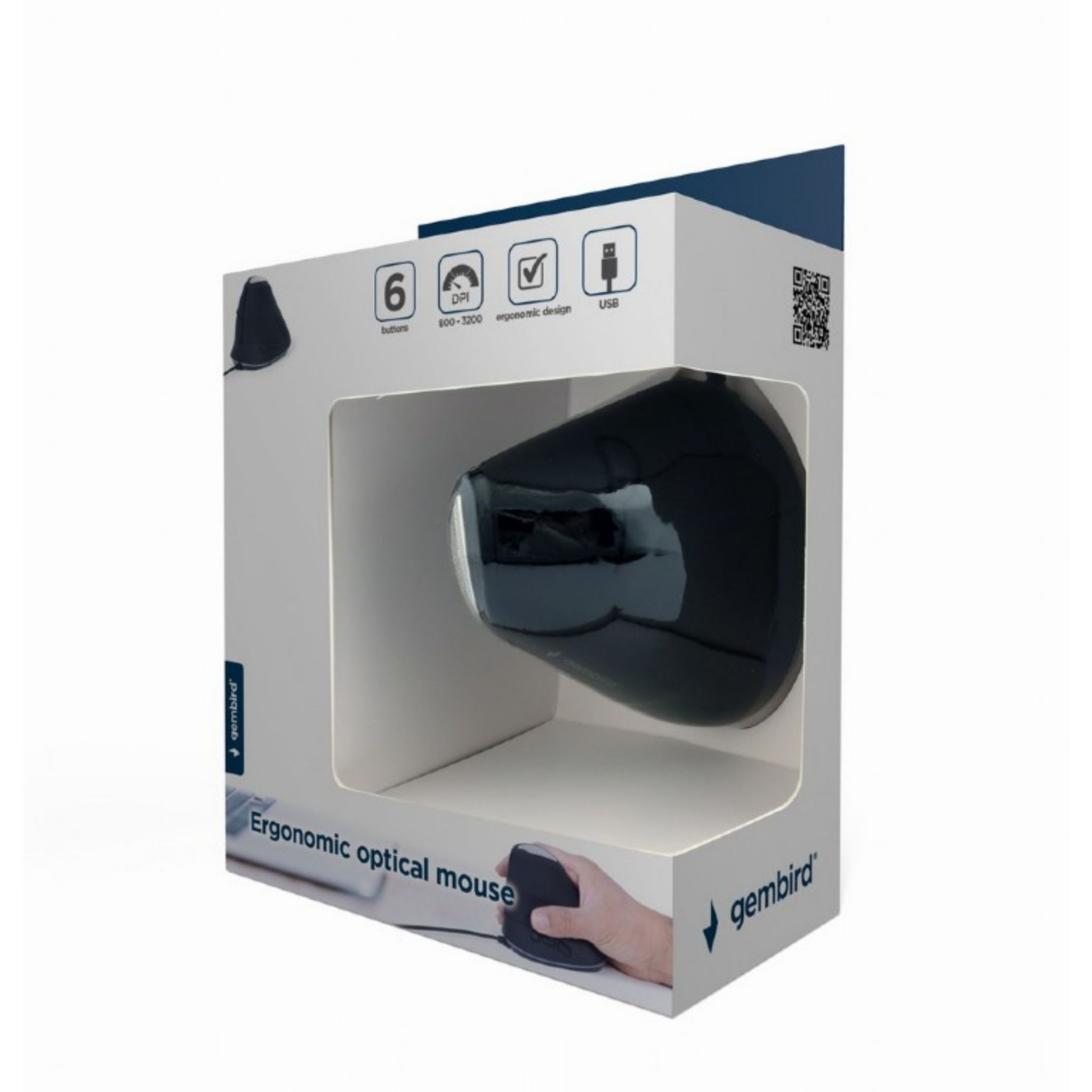 Eine schwarze ergonomische Maus in einer weißen Box. Die Box hat Bilder und Informationen.