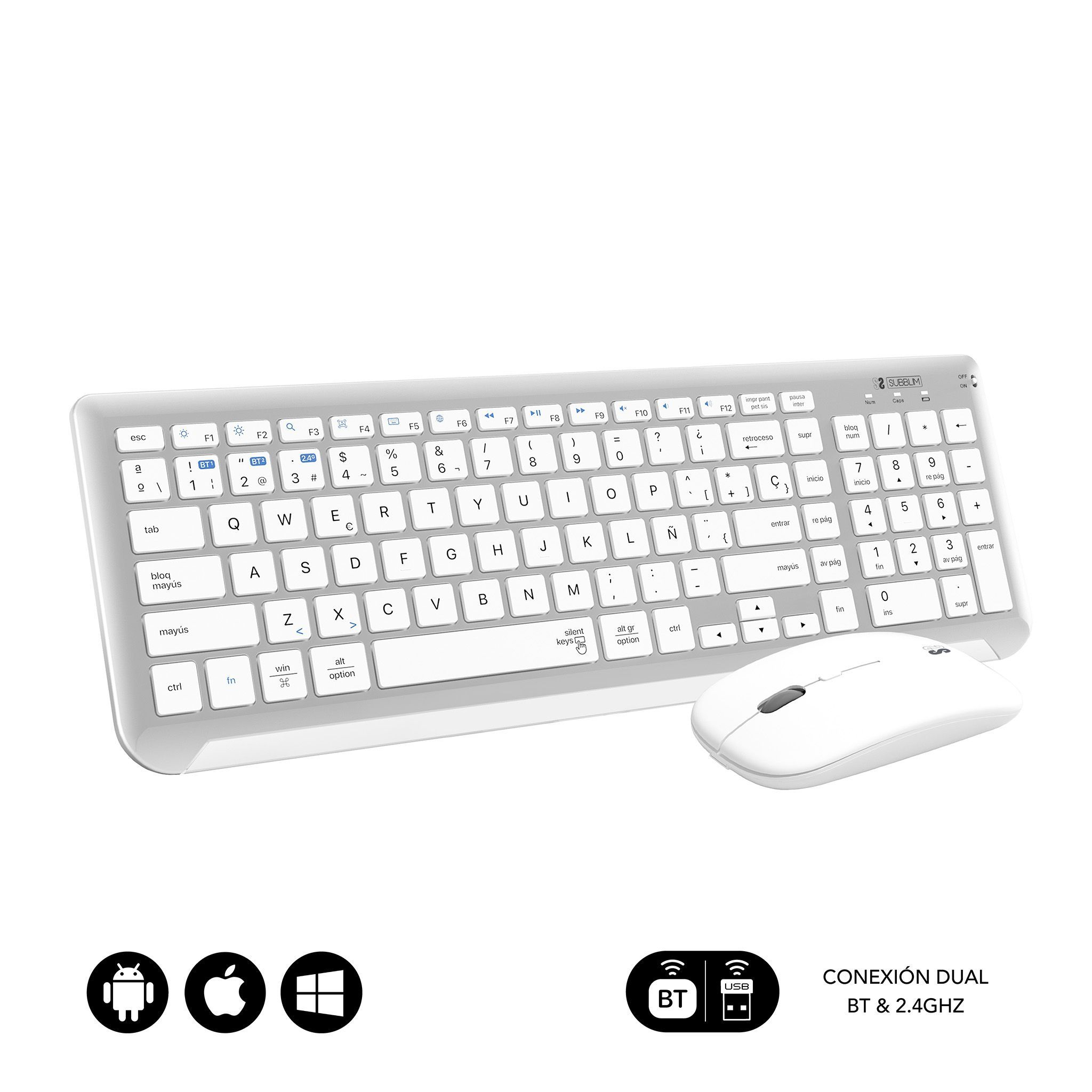Una combo tastiera e mouse bianca con i dettagli della doppia connessione.