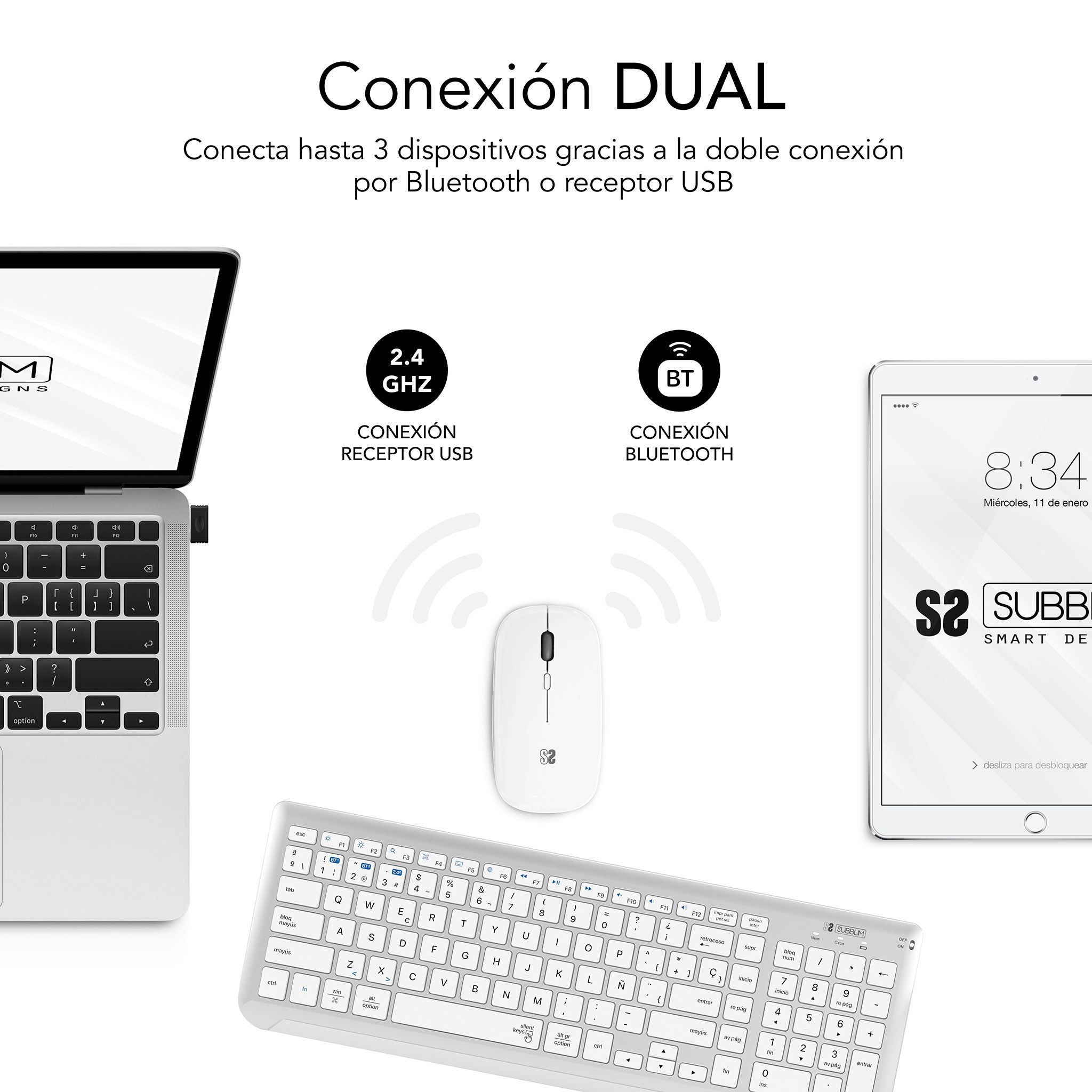 Un set di laptop, tastiera e mouse. Il laptop è aperto. Il mouse è bianco.