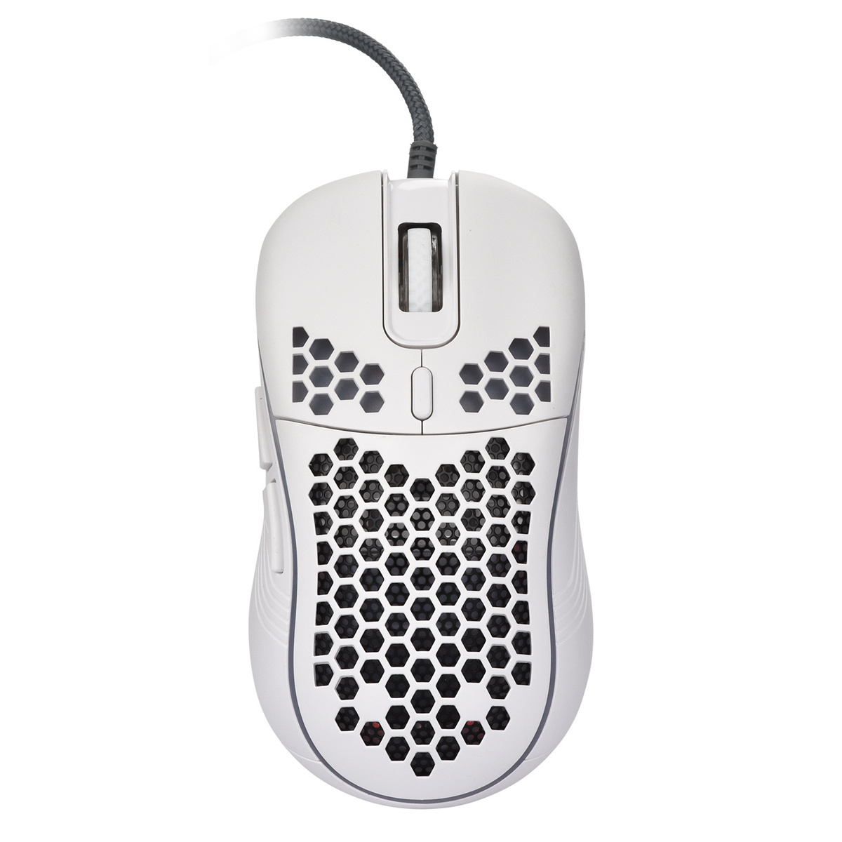 Ratón gaming blanco con diseño de panal, cable negro.