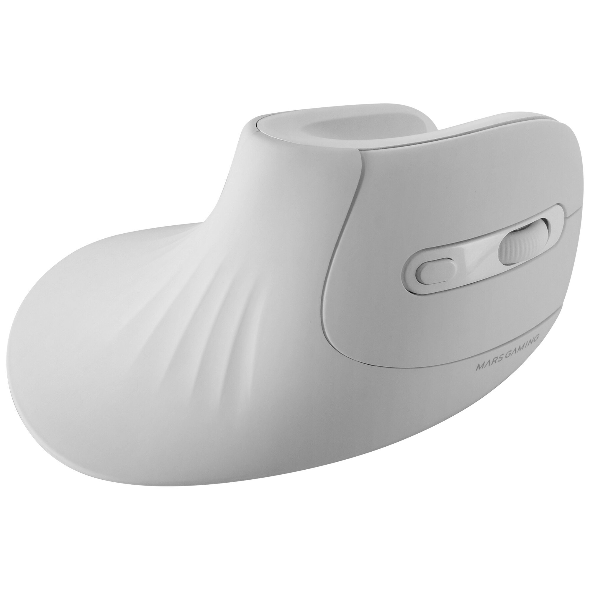 Un mouse ergonomico bianco con rotella e etichetta MARS GAMING.