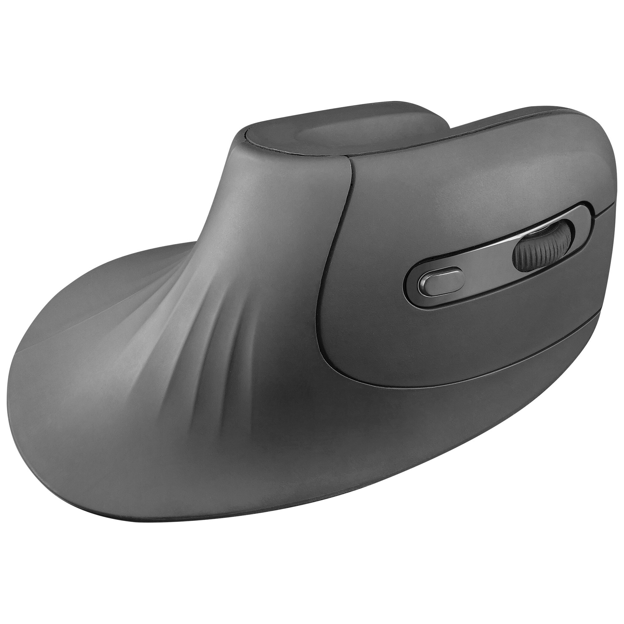Un mouse ergonomico grigio con rotella e pulsanti, isolato su bianco.