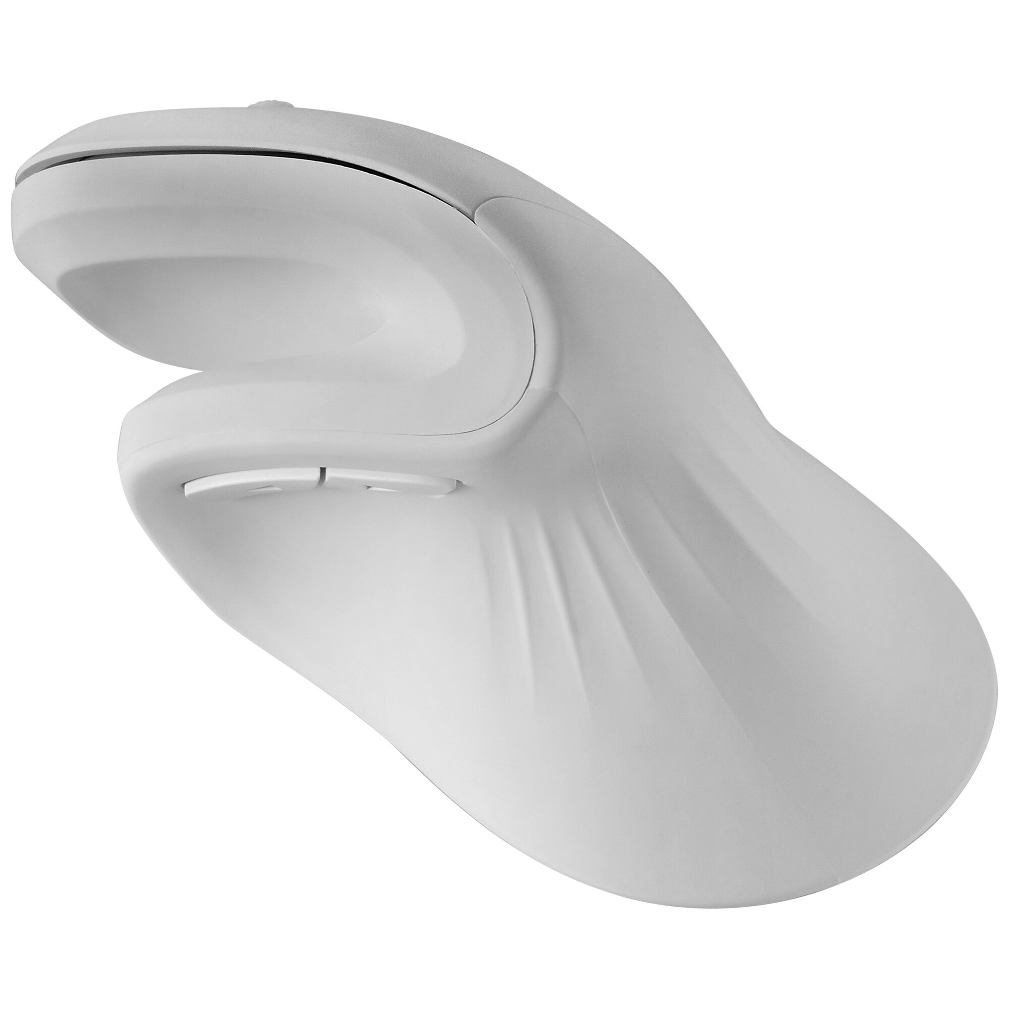 Mouse ergonomico bianco con due pulsanti e rotella di scorrimento su superficie bianca.