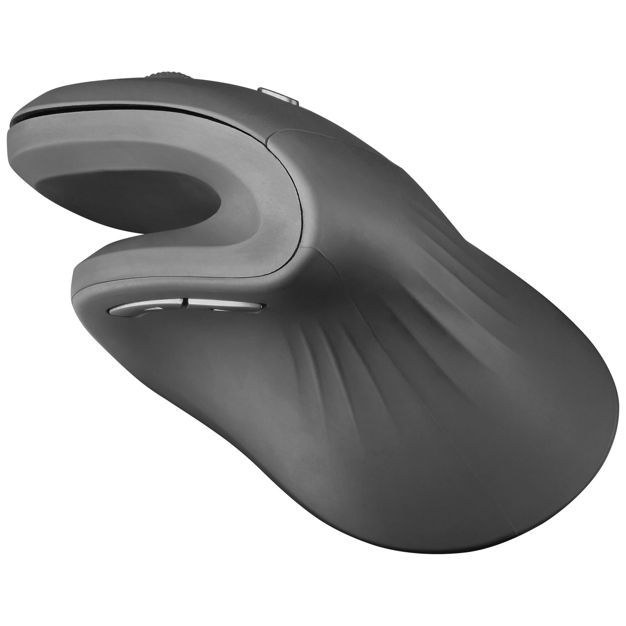 Mouse ergonomico grigio scuro angolato a destra, con pulsanti, su sfondo bianco.