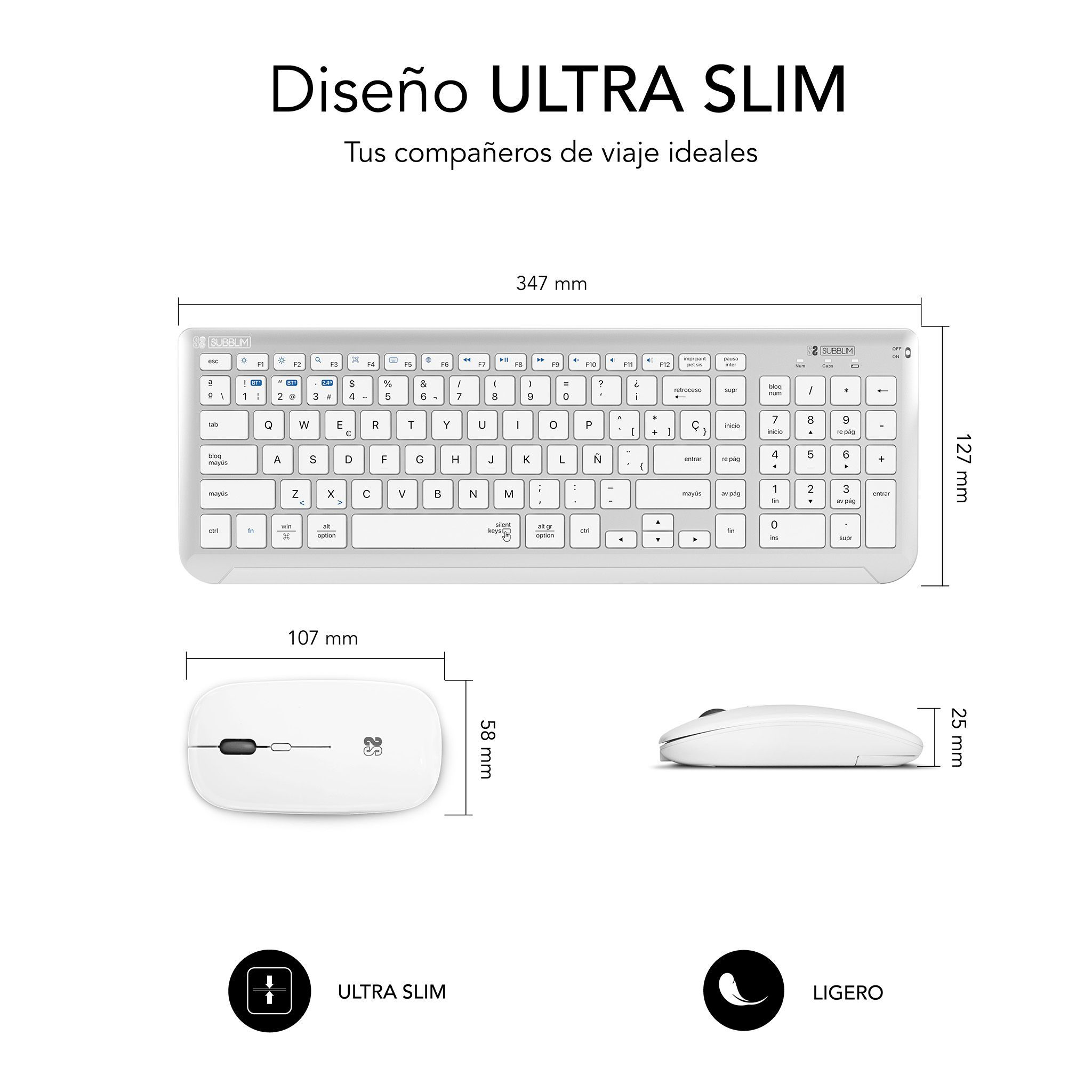 Set tastiera e mouse bianchi con dimensioni, su sfondo bianco.