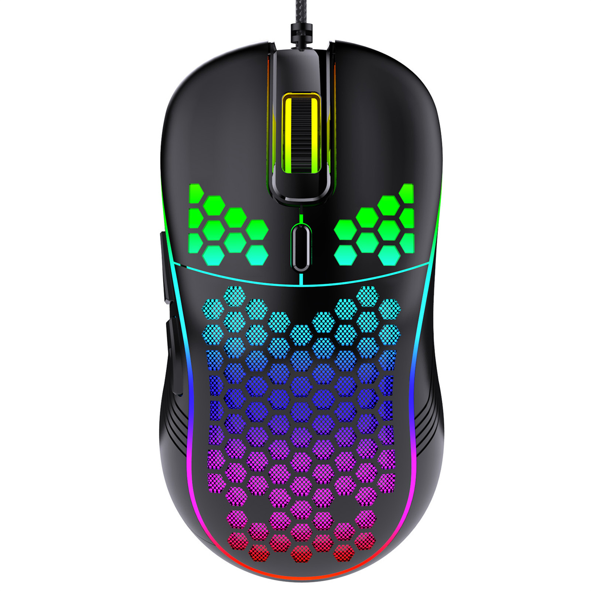 Ratón gaming negro con iluminación RGB, diseño de panal y botones laterales.