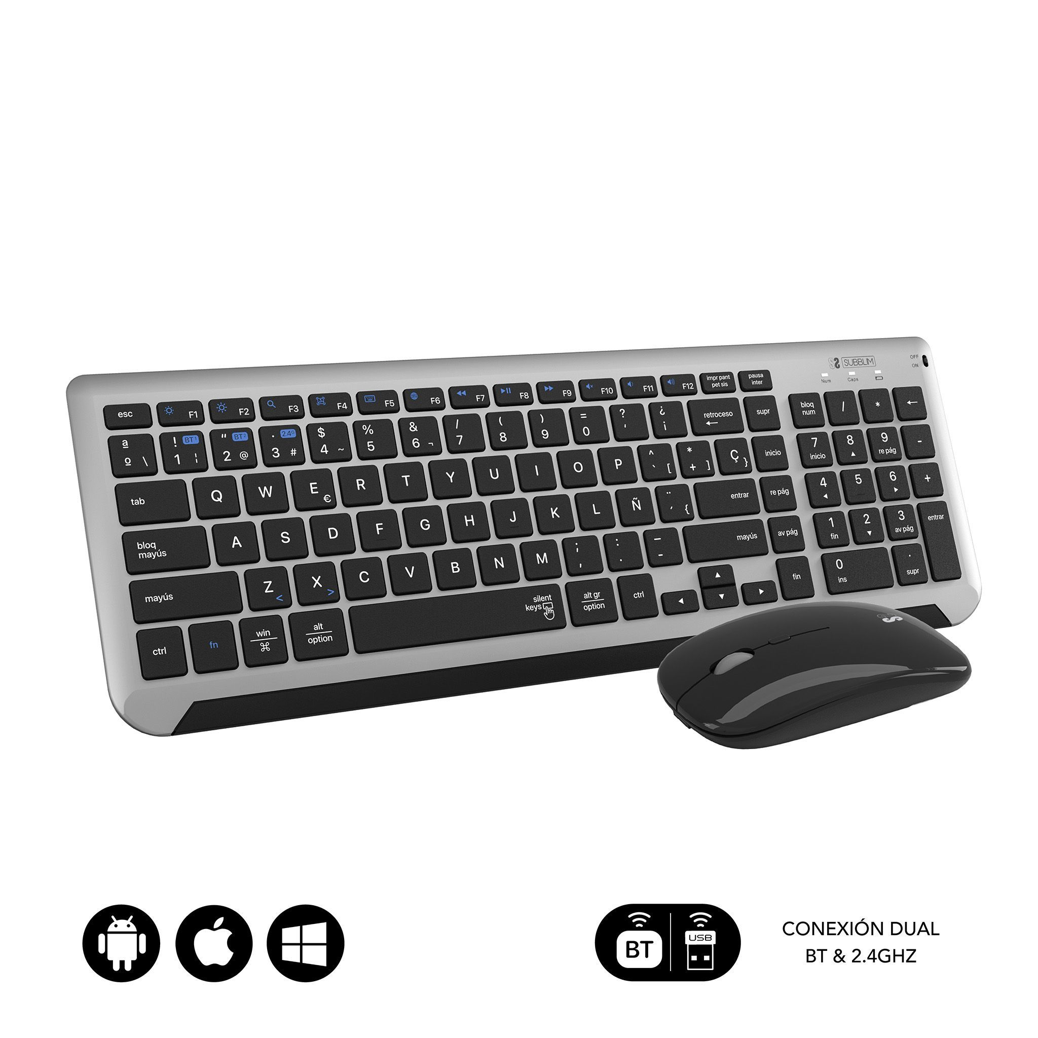Una tastiera argentata con un mouse nero, icone per Android, Apple e Windows e BT/2.4G.
