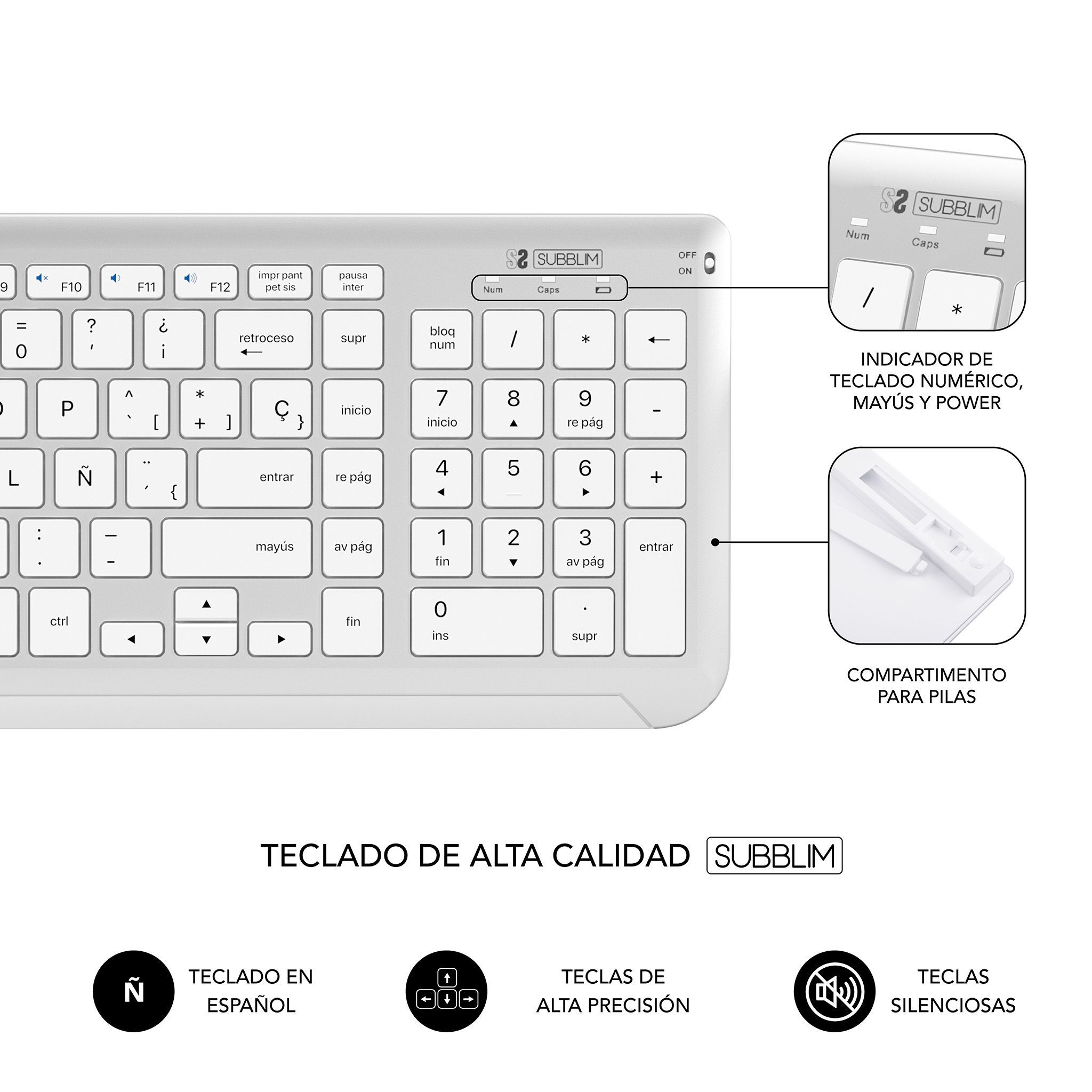 Una tastiera bianca con layout spagnolo e alcune funzioni e icone aggiuntive.
