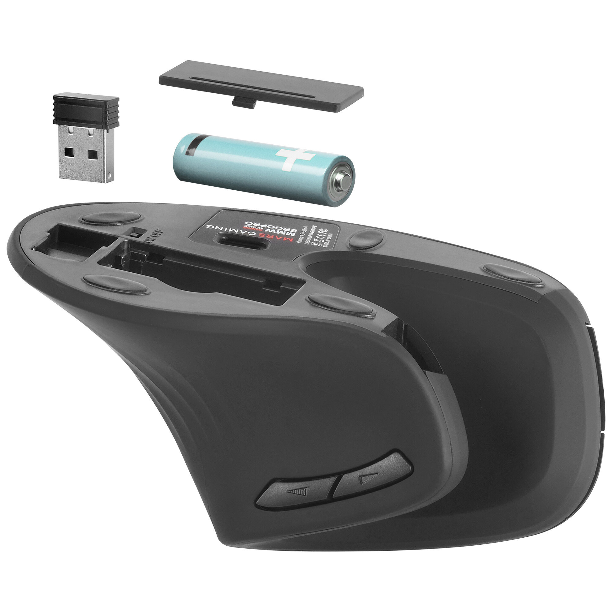 Mouse ergonomico con la parte inferiore aperta. Sono mostrati batteria, ricevitore USB e coperchio.