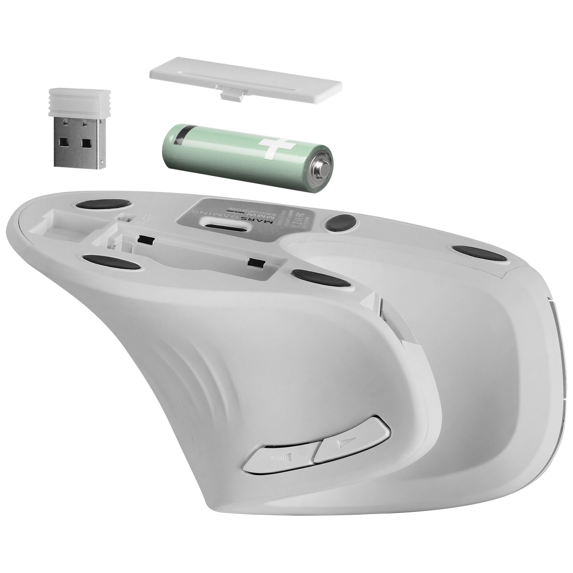 Un mouse bianco con una batteria, un ricevitore USB e altri componenti.