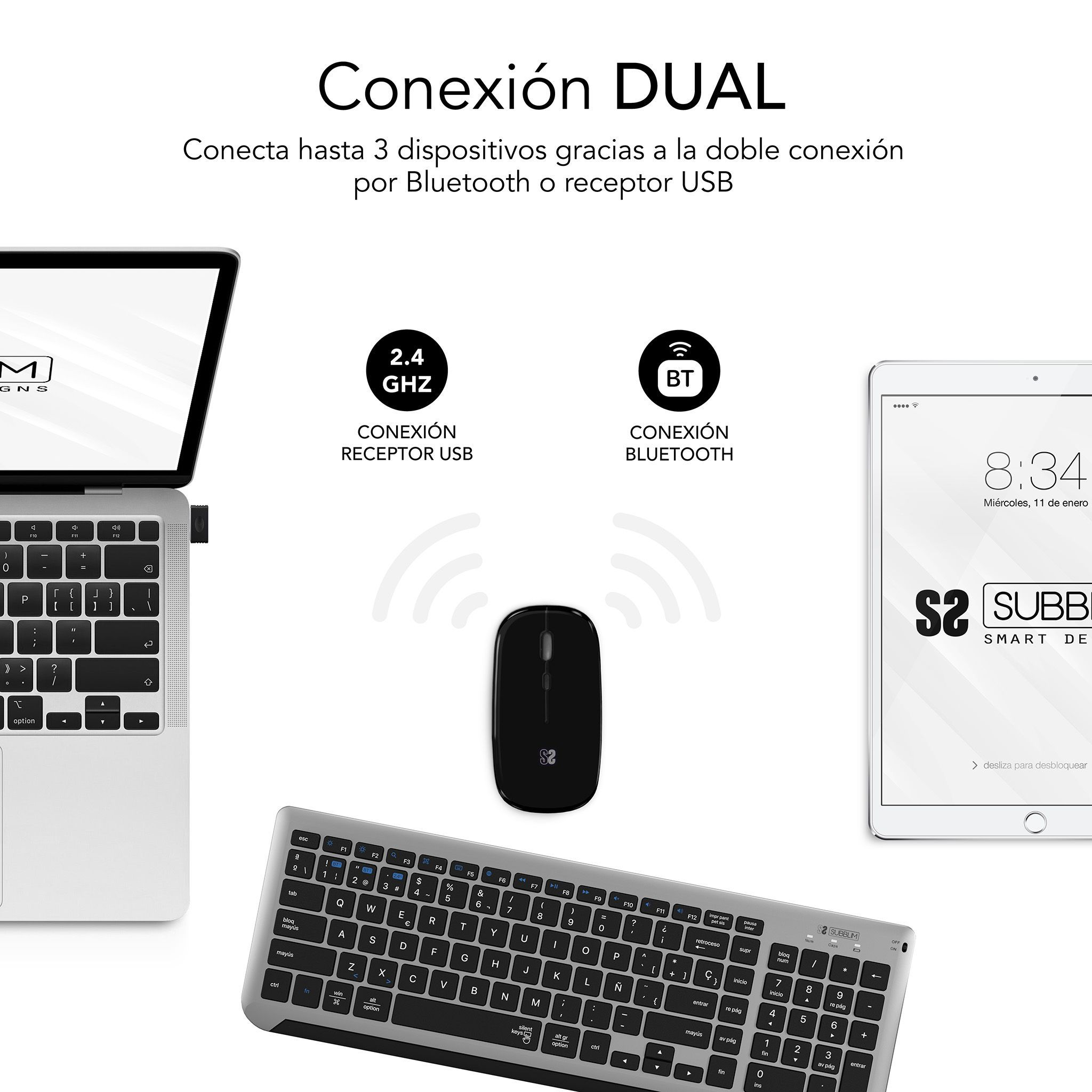 Laptop, tablet, tastiera e mouse, doppia connessione.