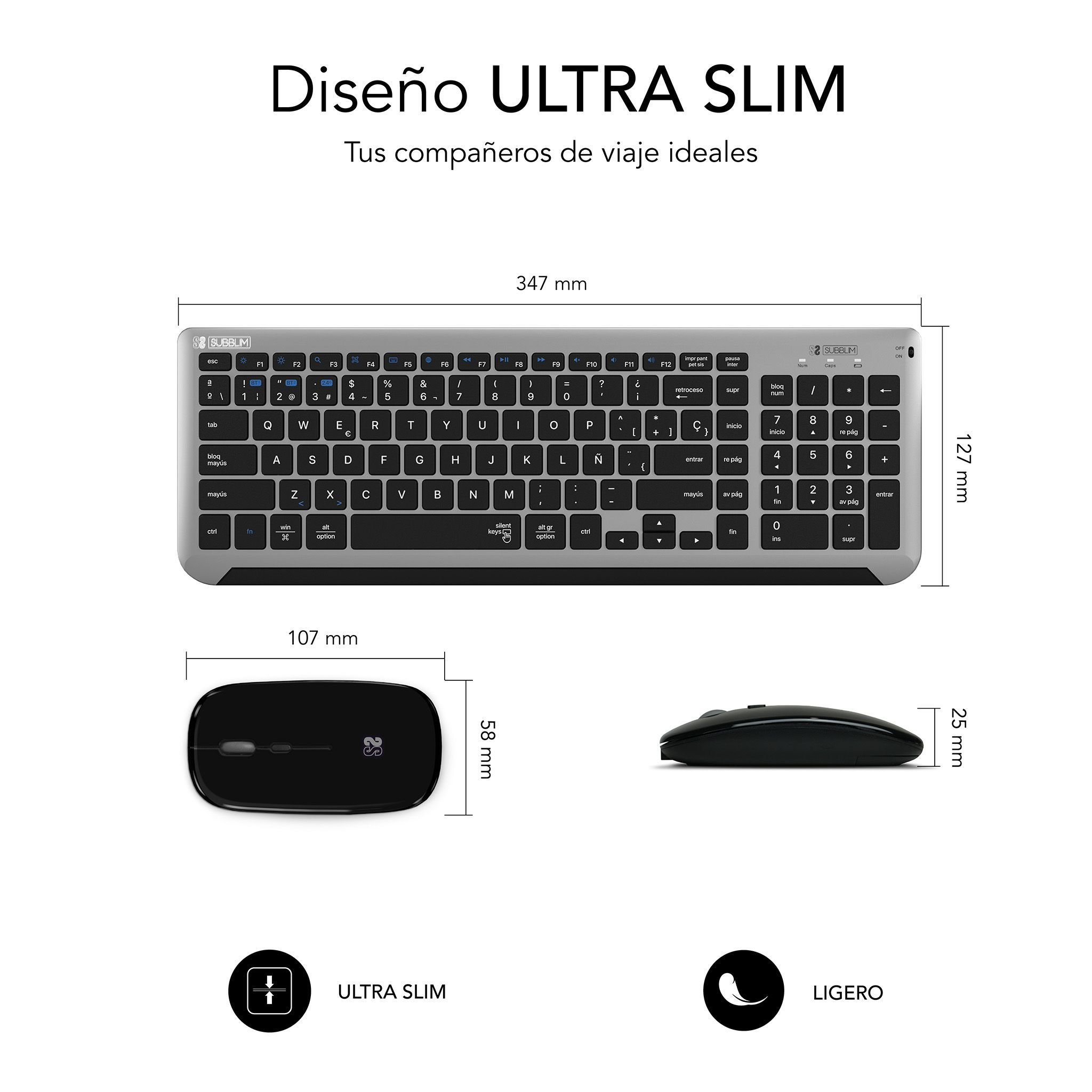 Una tastiera argento e nera con dimensioni e un mouse nero. La tastiera ha un design sottile.