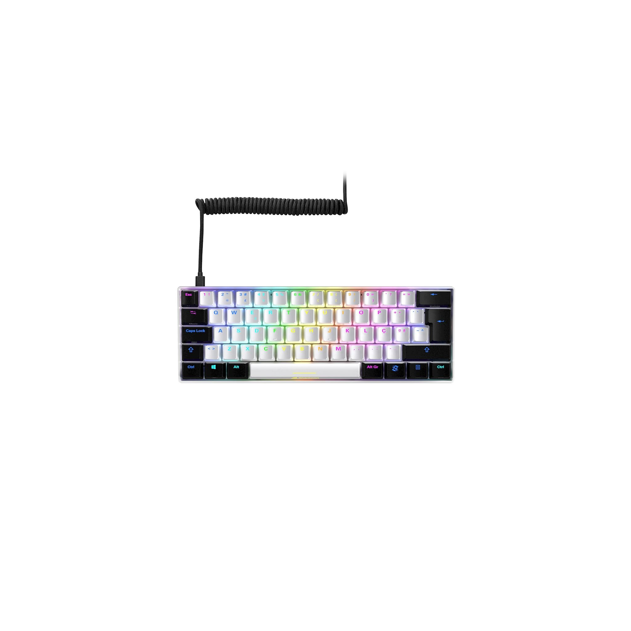 Klawiatura z kolorowymi podświetlanymi klawiszami i kablem spiralnym. Układ jest kompaktowy.