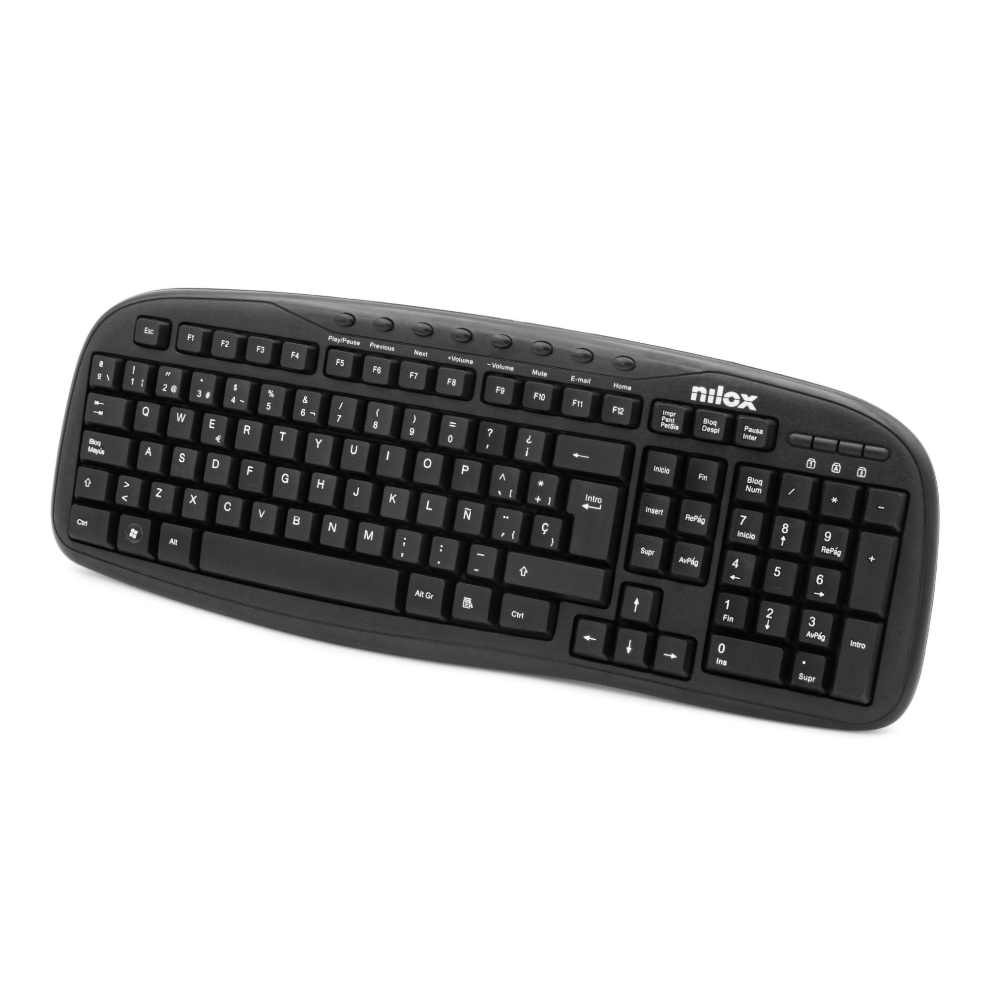 Teclado Nilox negro. Letras, números y teclas de función visibles en las teclas. Fondo blanco.