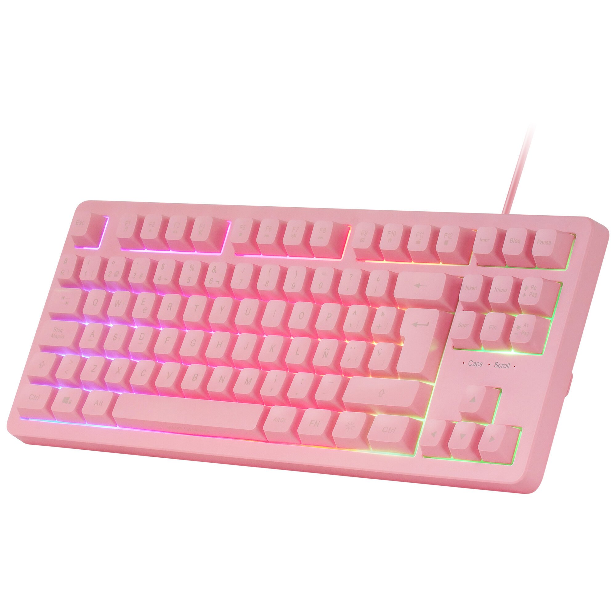 Teclado rosa con teclas iluminadas, mostrando letras y símbolos.