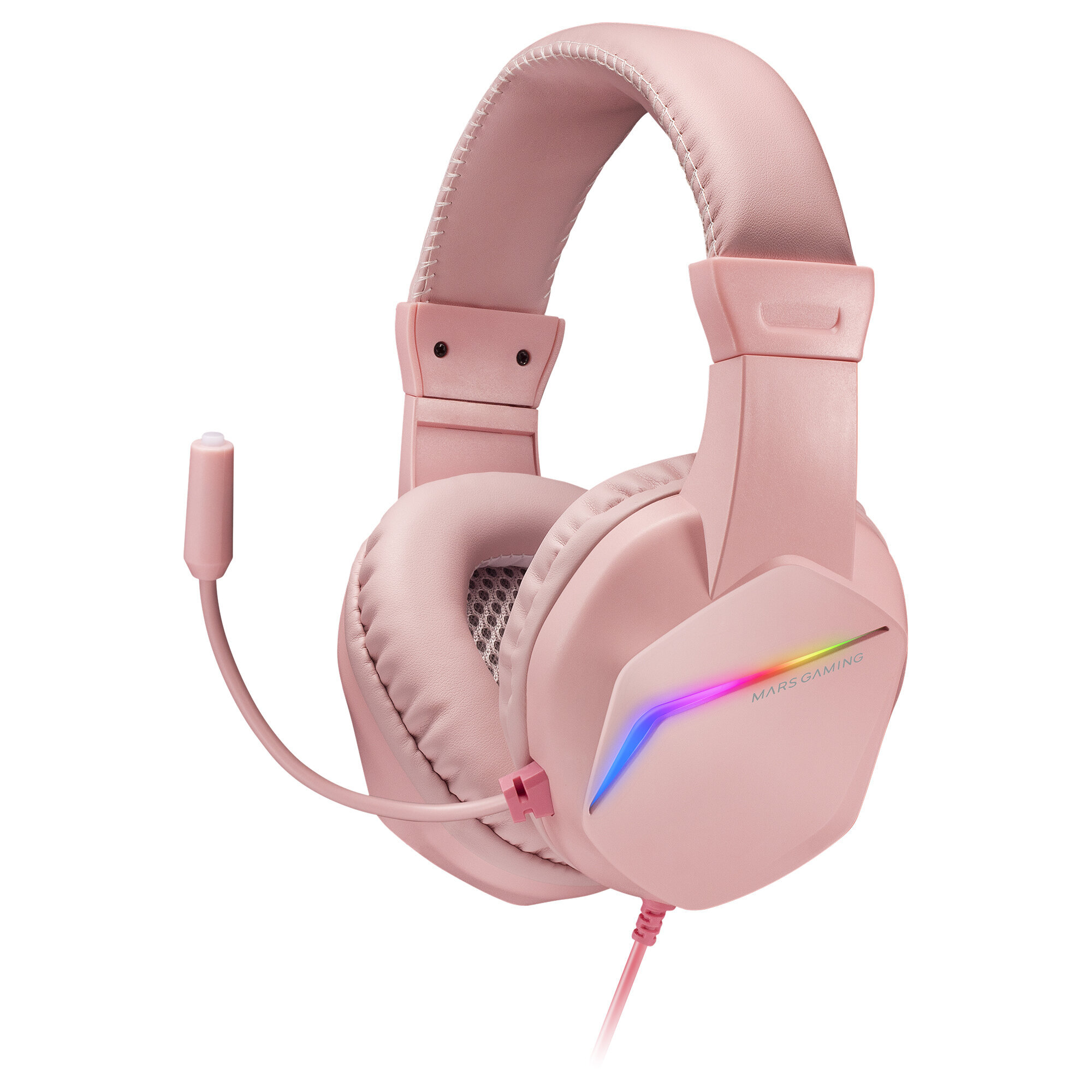 Auriculares gaming rosas con micrófono. Tiene una luz de arcoíris. El fondo es blanco.
