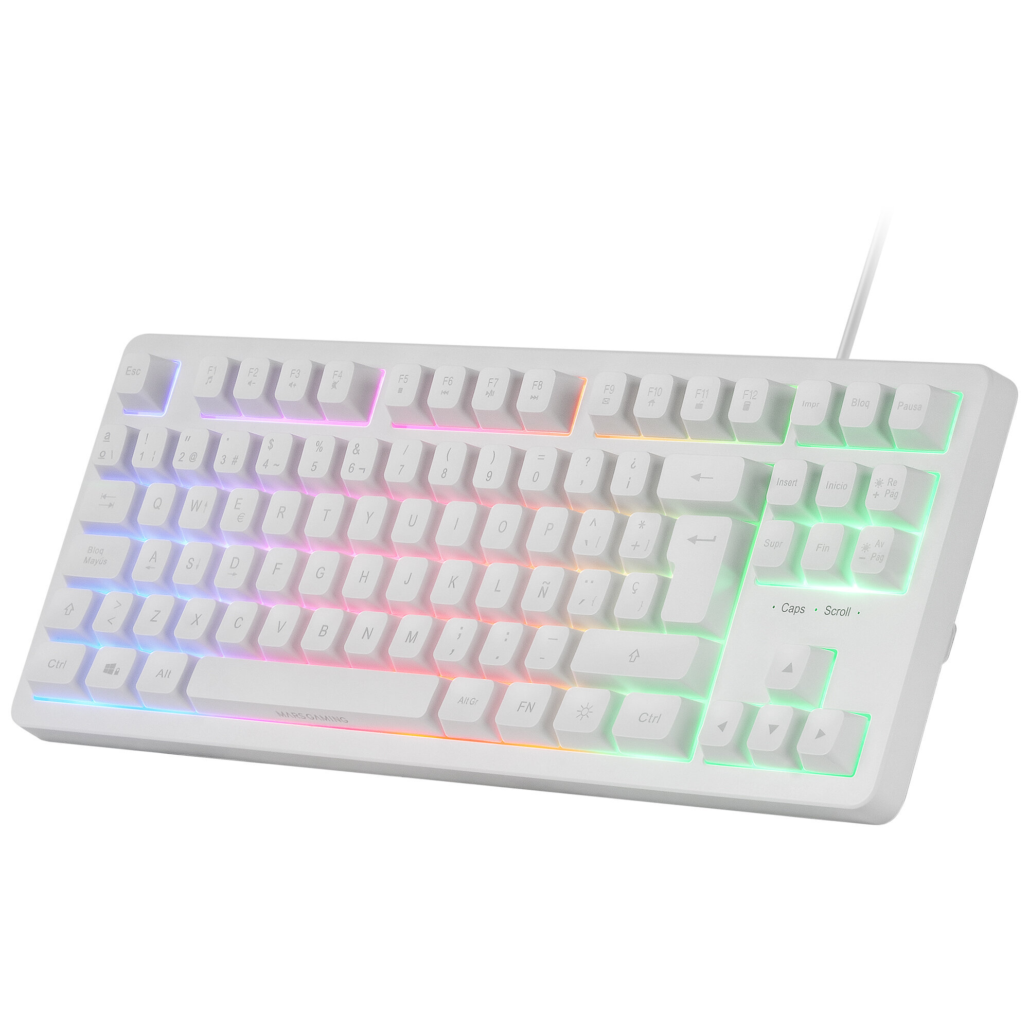 Teclado mecánico blanco con teclas iluminadas. Luces arcoíris brillan. Teclas incluyen letras, números y funciones.