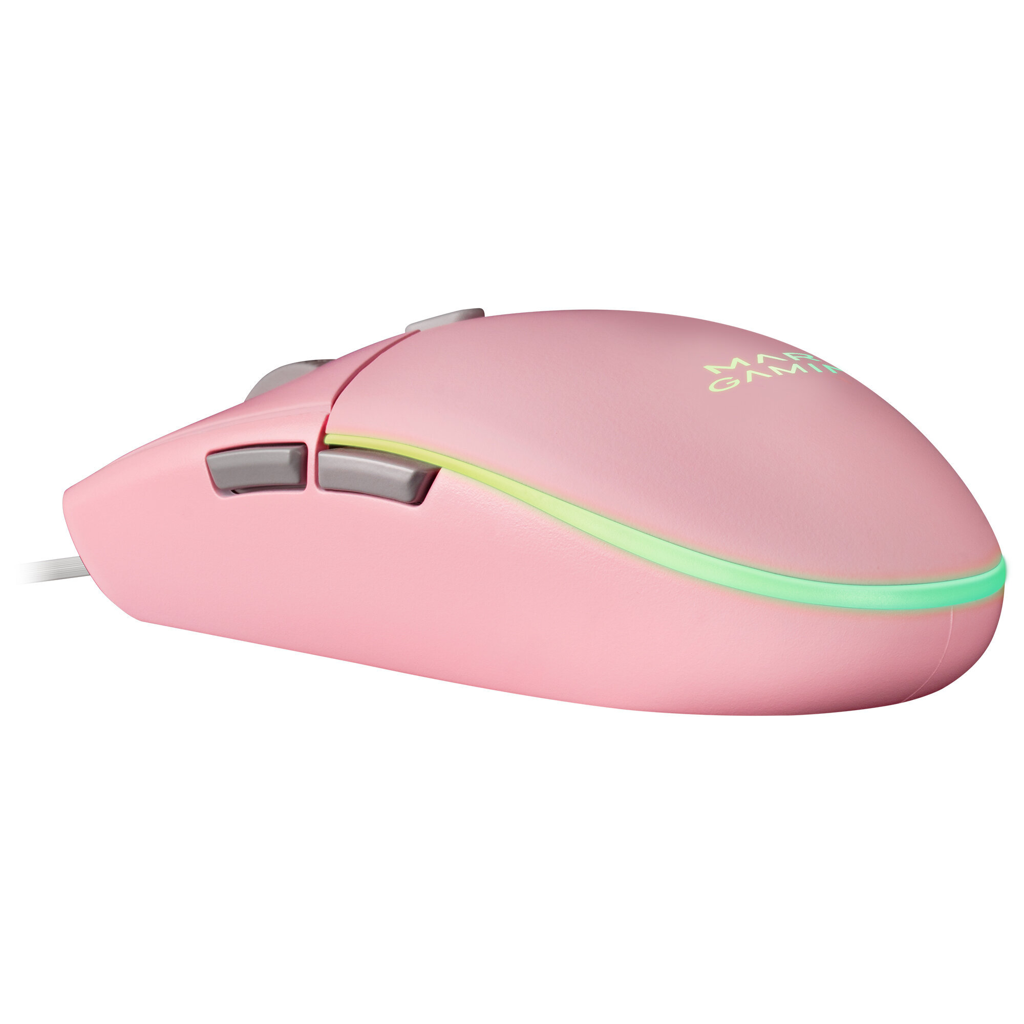 Ratón gaming rosa con botones grises. Tiene una franja verde brillante. La marca es visible en el ratón.