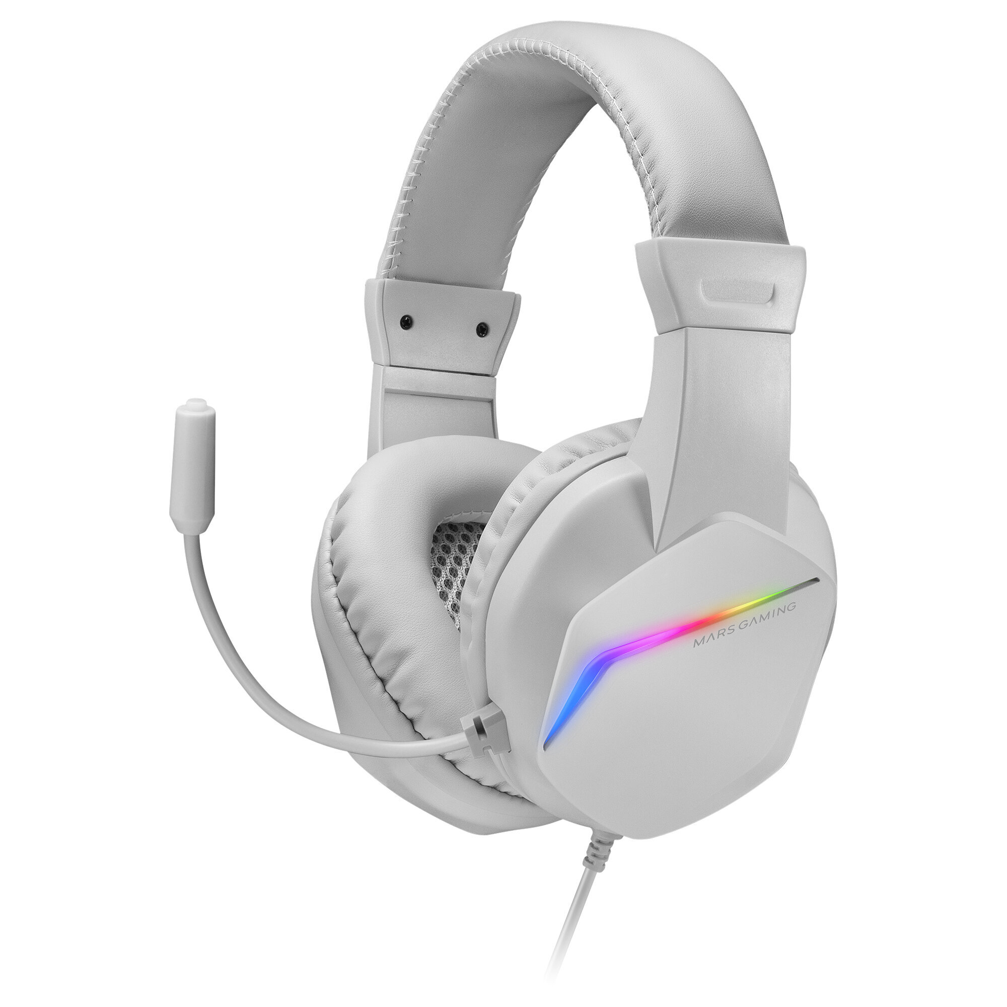 Auriculares para juegos blancos con micrófono. Luces RGB en los auriculares. Fondo blanco.