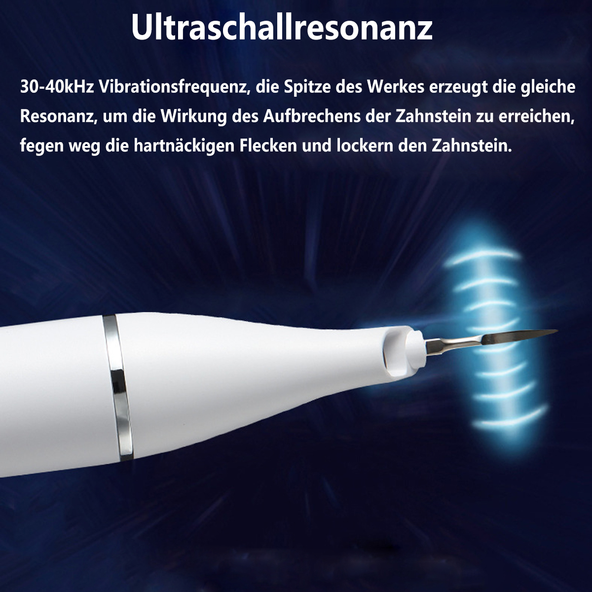 Herramienta dental blanca con punta metálica, con efectos de luz azul.