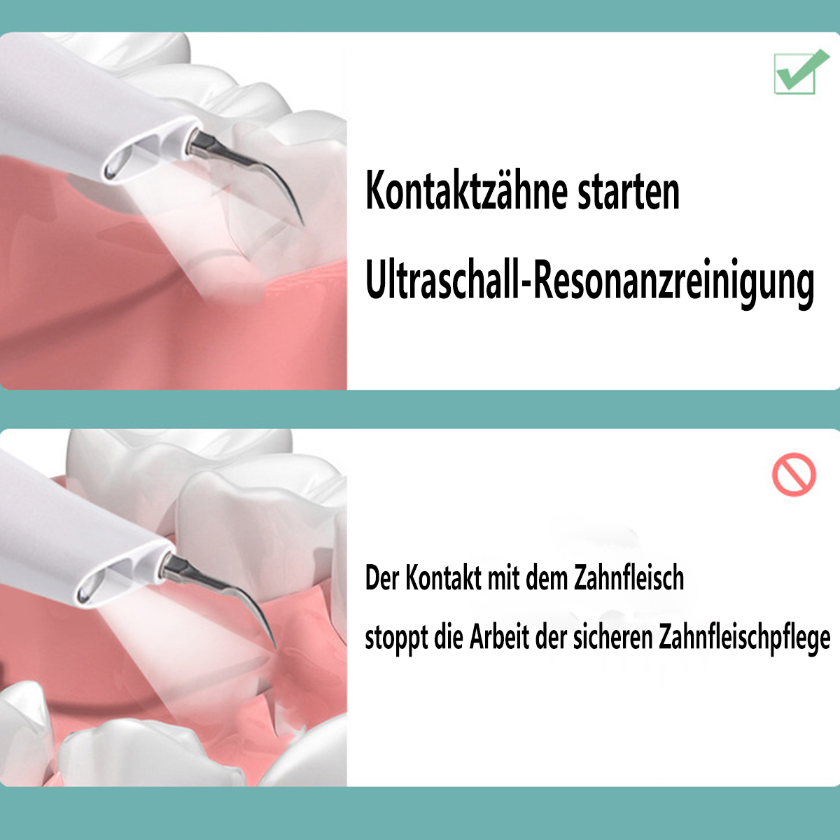 Diagrama que compara el uso correcto e incorrecto de una herramienta de limpieza dental, destacando la resonancia ultrasónica.
