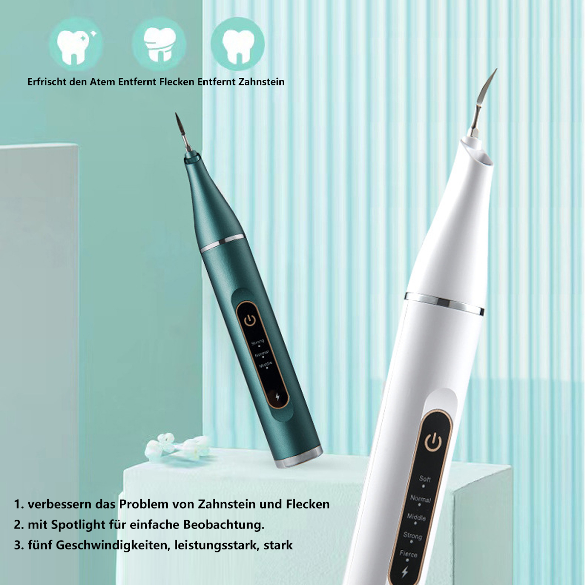 Dos herramientas de limpieza dental. Una es verde azulado, la otra blanca. Están sobre un fondo blanco.