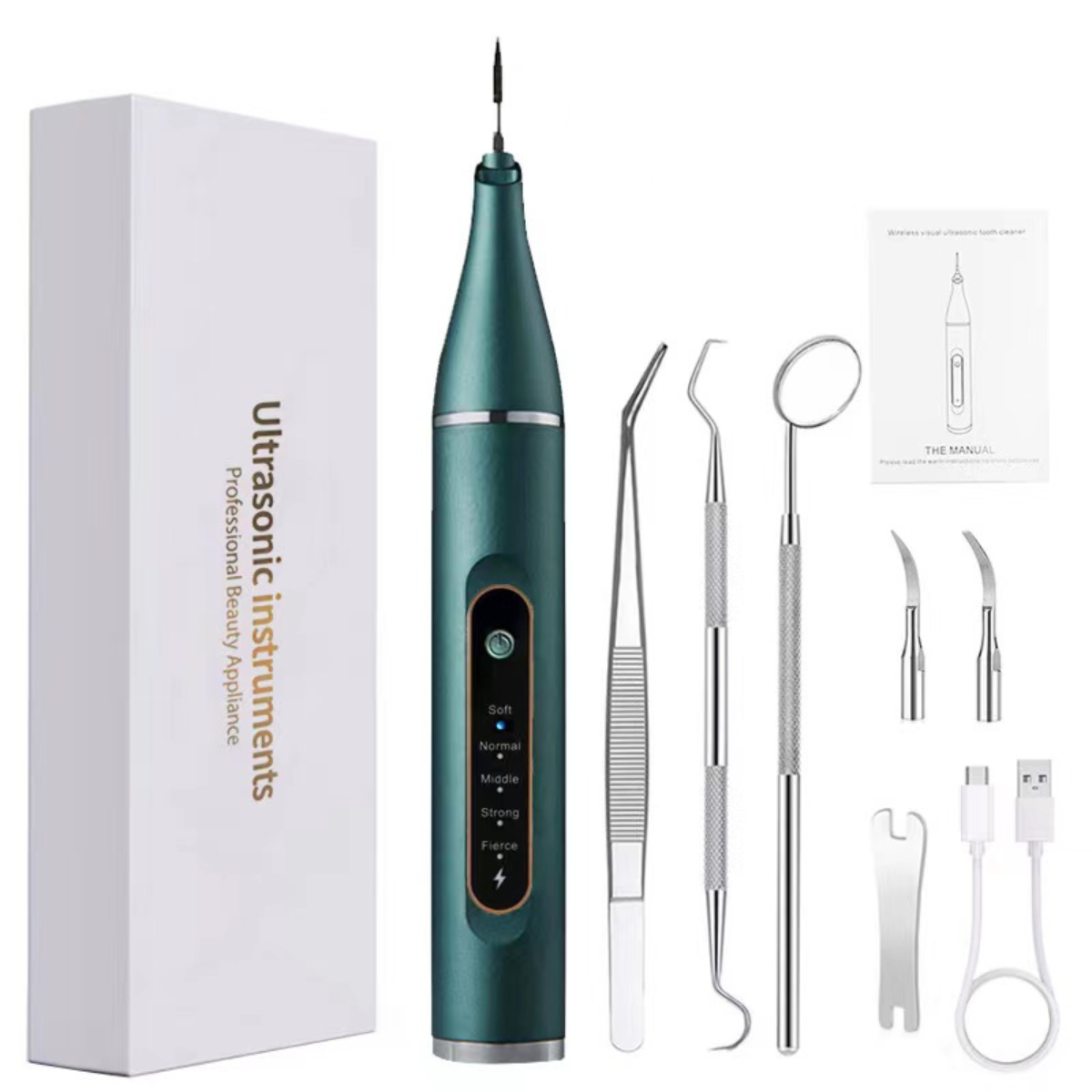 Kit de limpieza dental con dispositivo ultrasónico, herramientas y accesorios. Embalaje verde y blanco. Fondo blanco.
