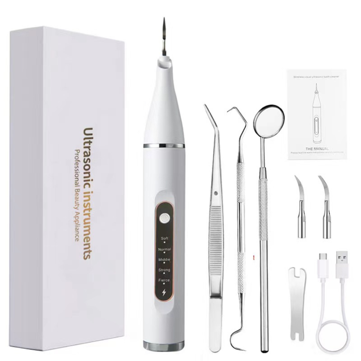 Un kit de limpieza dental blanco con accesorios como herramientas, un espejo y un manual.