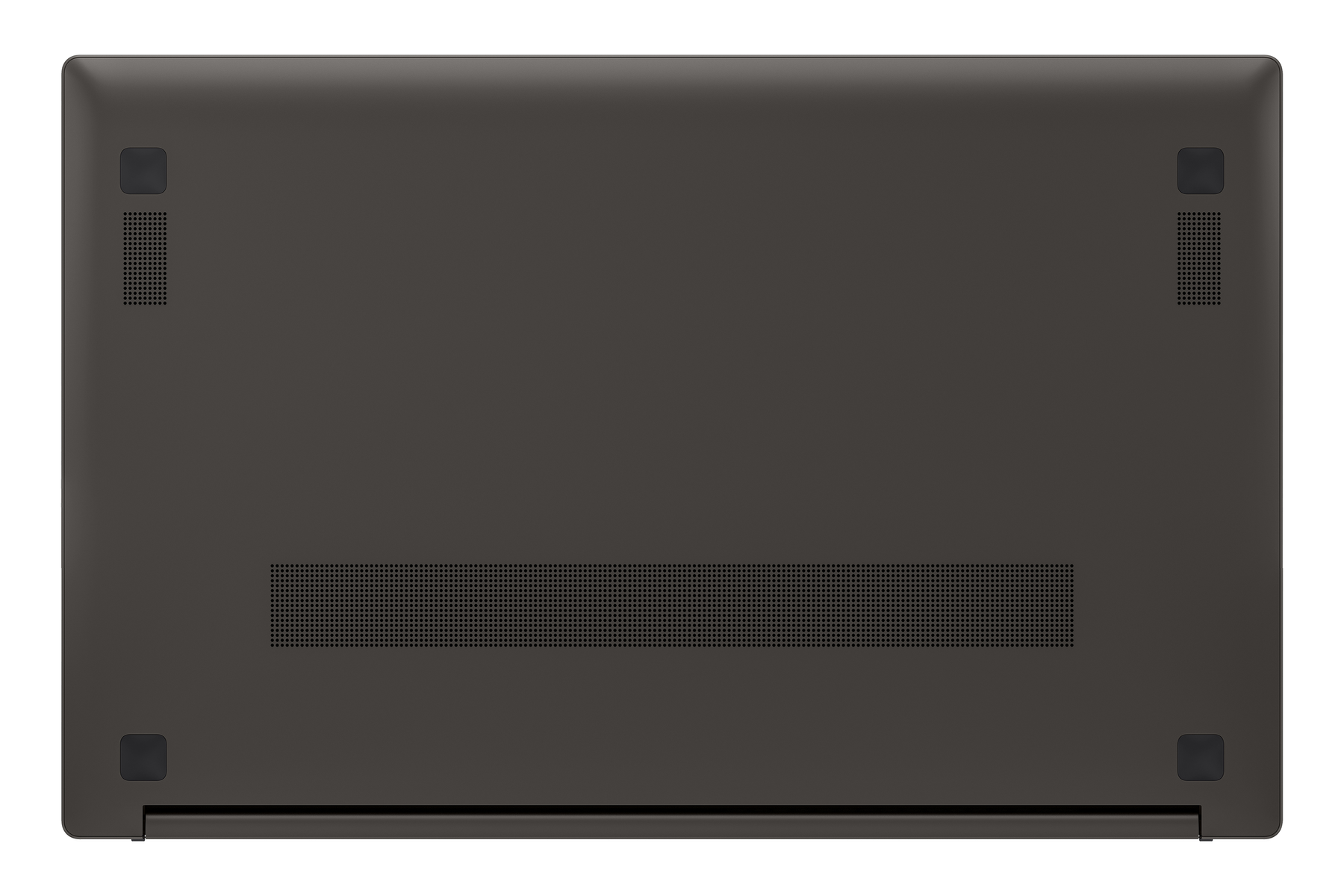 Parte inferior de una laptop gris con rejillas de ventilación y patas de goma sobre fondo blanco.