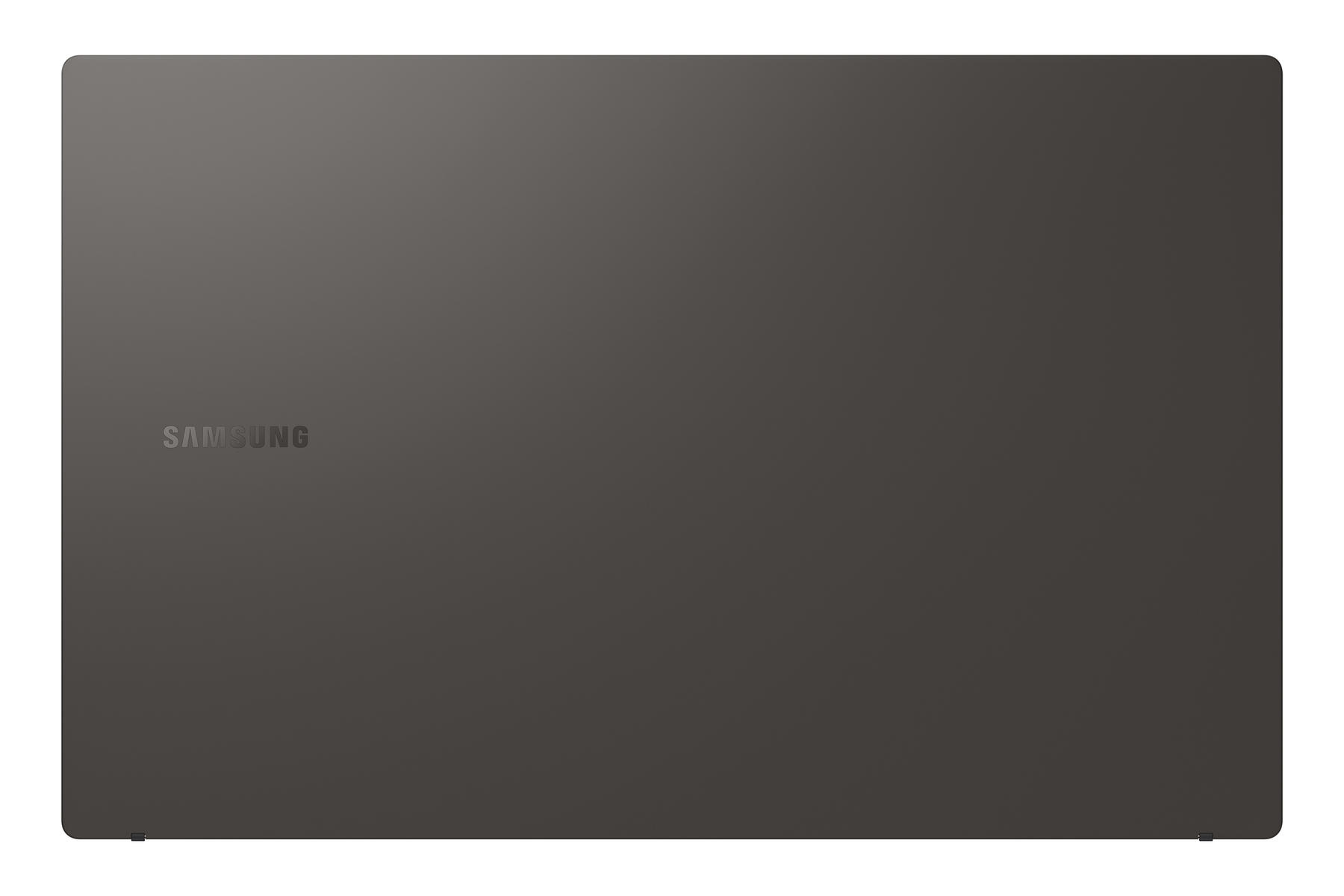 Ordenador portátil gris oscuro con logo de Samsung, cerrado, sobre fondo blanco.