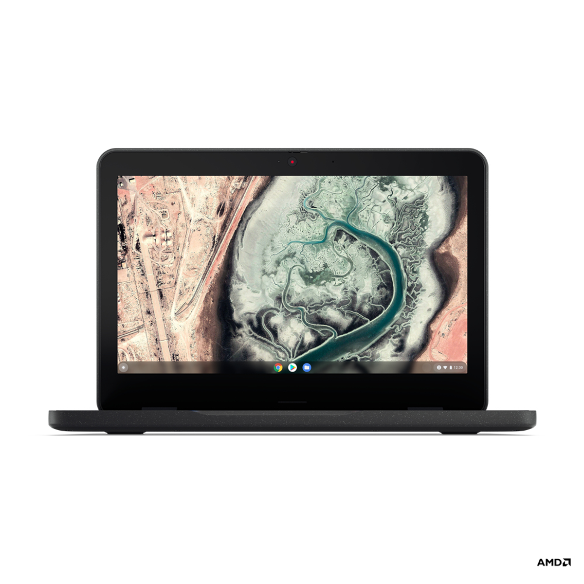 Ordenador portátil negro con una pantalla que muestra un paisaje, sobre fondo blanco.