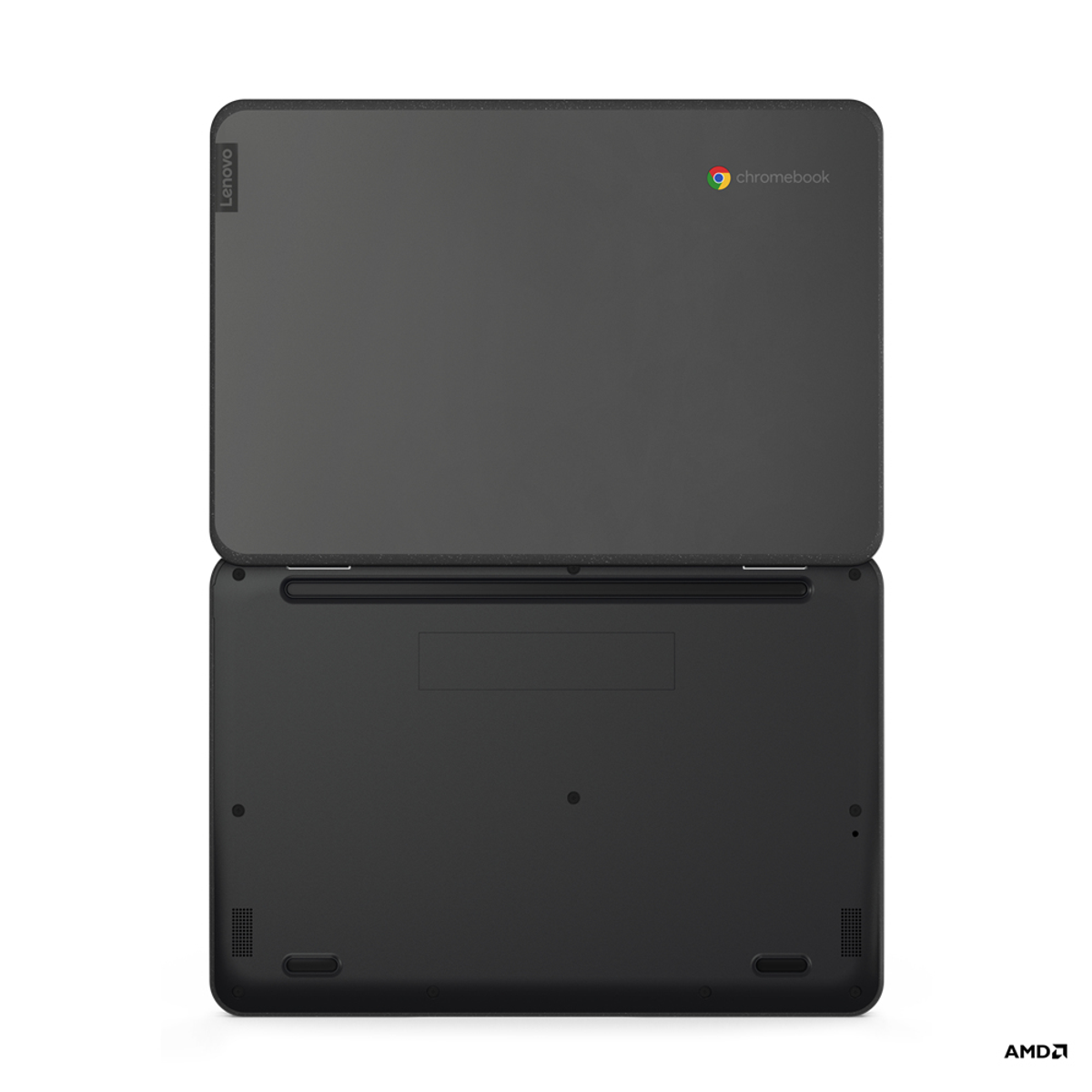 Portátil Chromebook Lenovo negro abierto, mostrando el teclado y el logotipo de Chromebook.