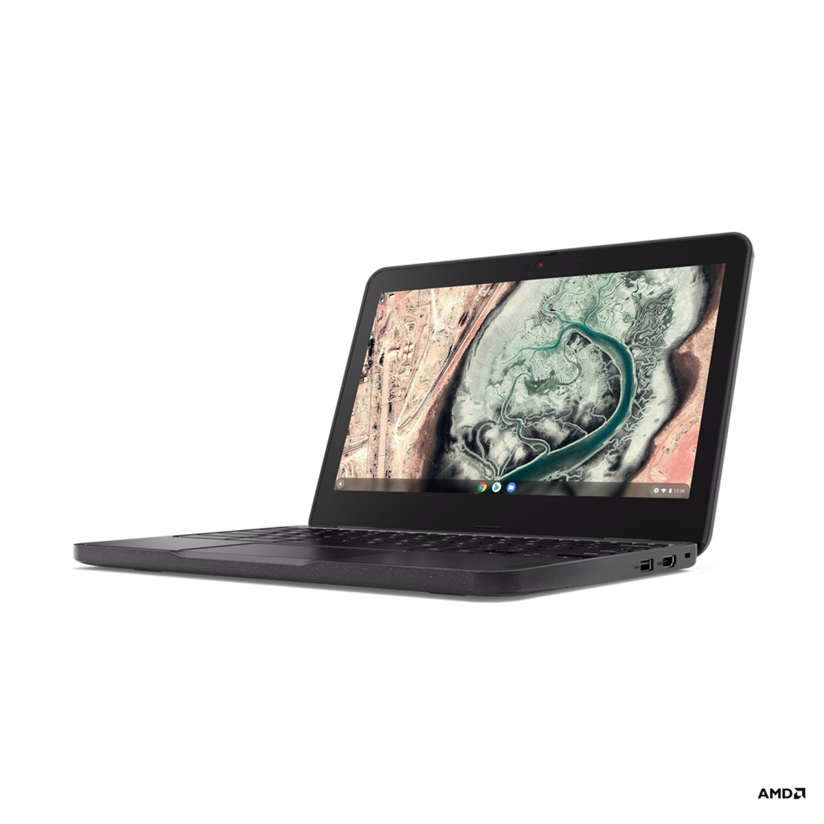Laptop Chromebook negro. Abierto, mostrando una imagen de paisaje en la pantalla. Fondo blanco.