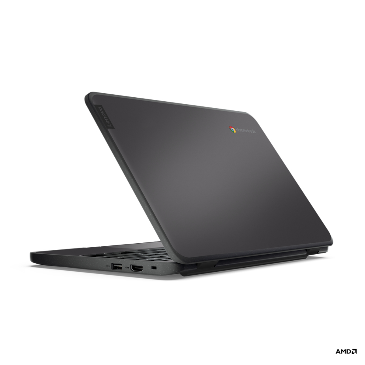 Laptop Lenovo Chromebook negro, parcialmente abierto, sobre fondo blanco.