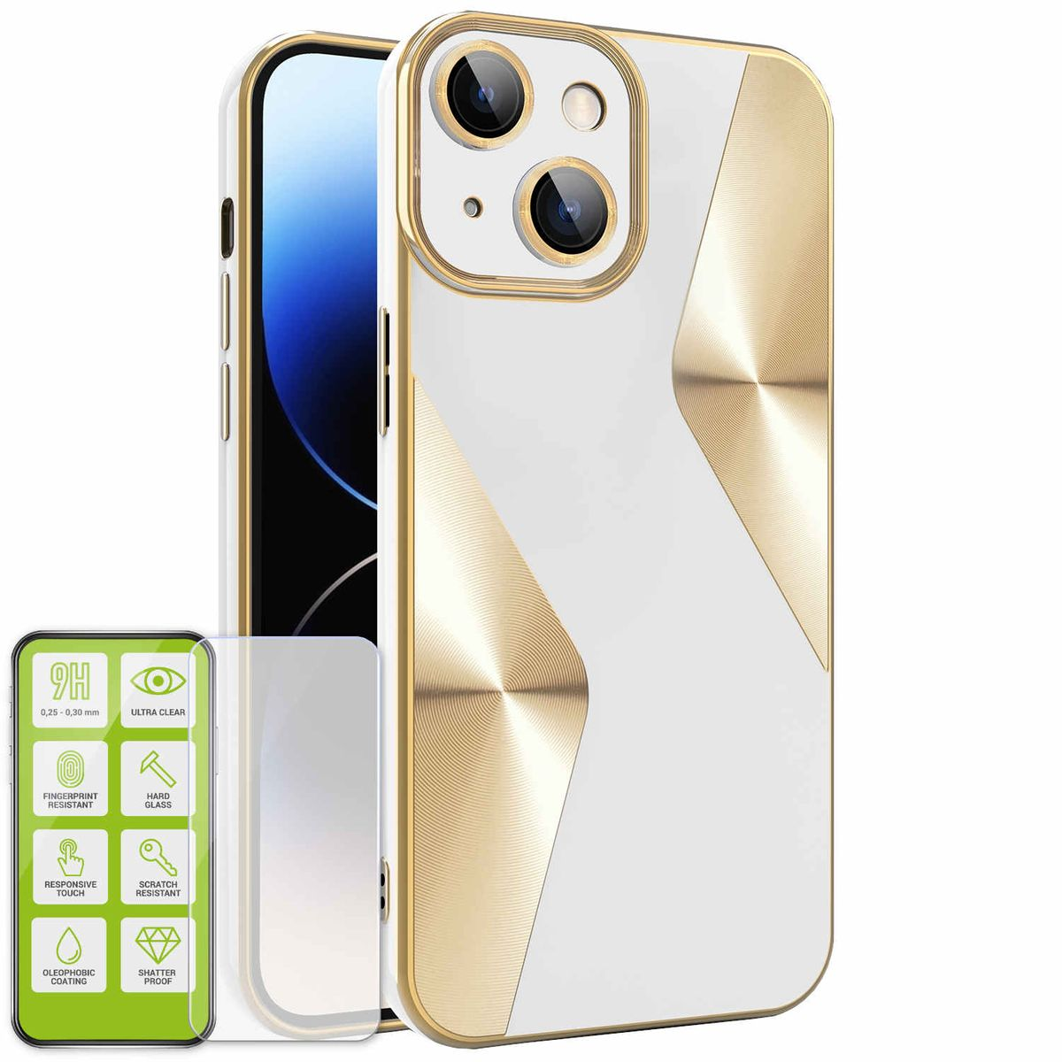 WIGENTO Produktset iPhone Folie, Weiß Plus, Backcover, Hart H9 Glas Electroplated Apple, + 15 TPU Silikon