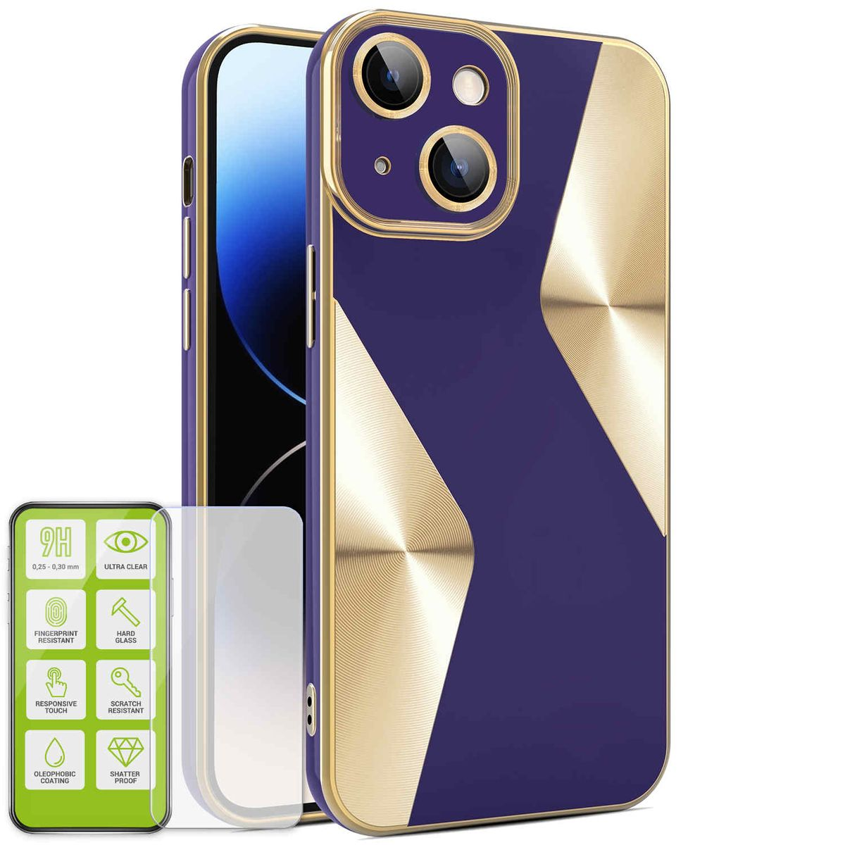 WIGENTO Produktset + Apple, Hart iPhone Electroplated 15, Folie, Dunkellila H9 Silikon TPU Backcover, Glas