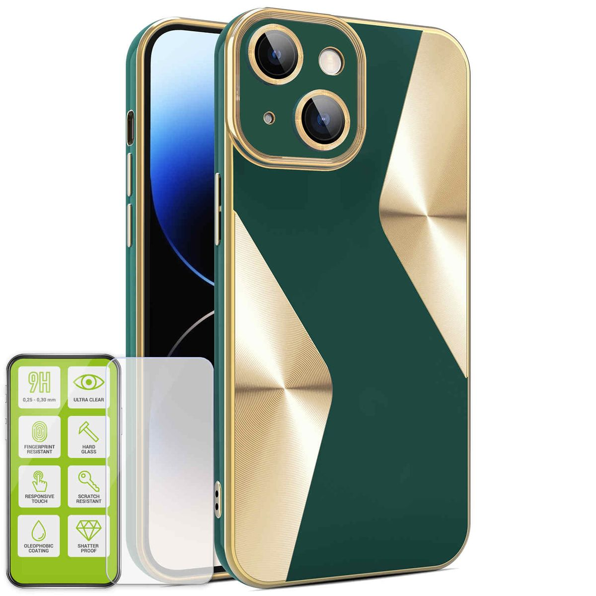 Apple, + Hart TPU Plus, Backcover, Silikon Electroplated Folie, WIGENTO Glas iPhone H9 Grün 15 Produktset