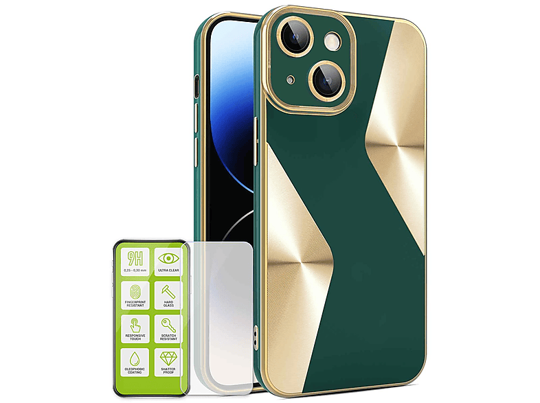 Glas Silikon Plus, Apple, TPU 15 Hart + Electroplated Produktset Folie, H9 Grün Backcover, WIGENTO iPhone