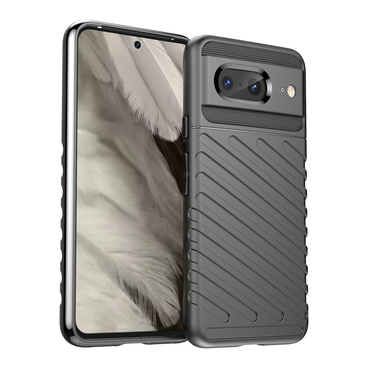 Schwarze Handyhülle mit geripptem Design. Daneben ein Handy mit weißem Bildschirm.