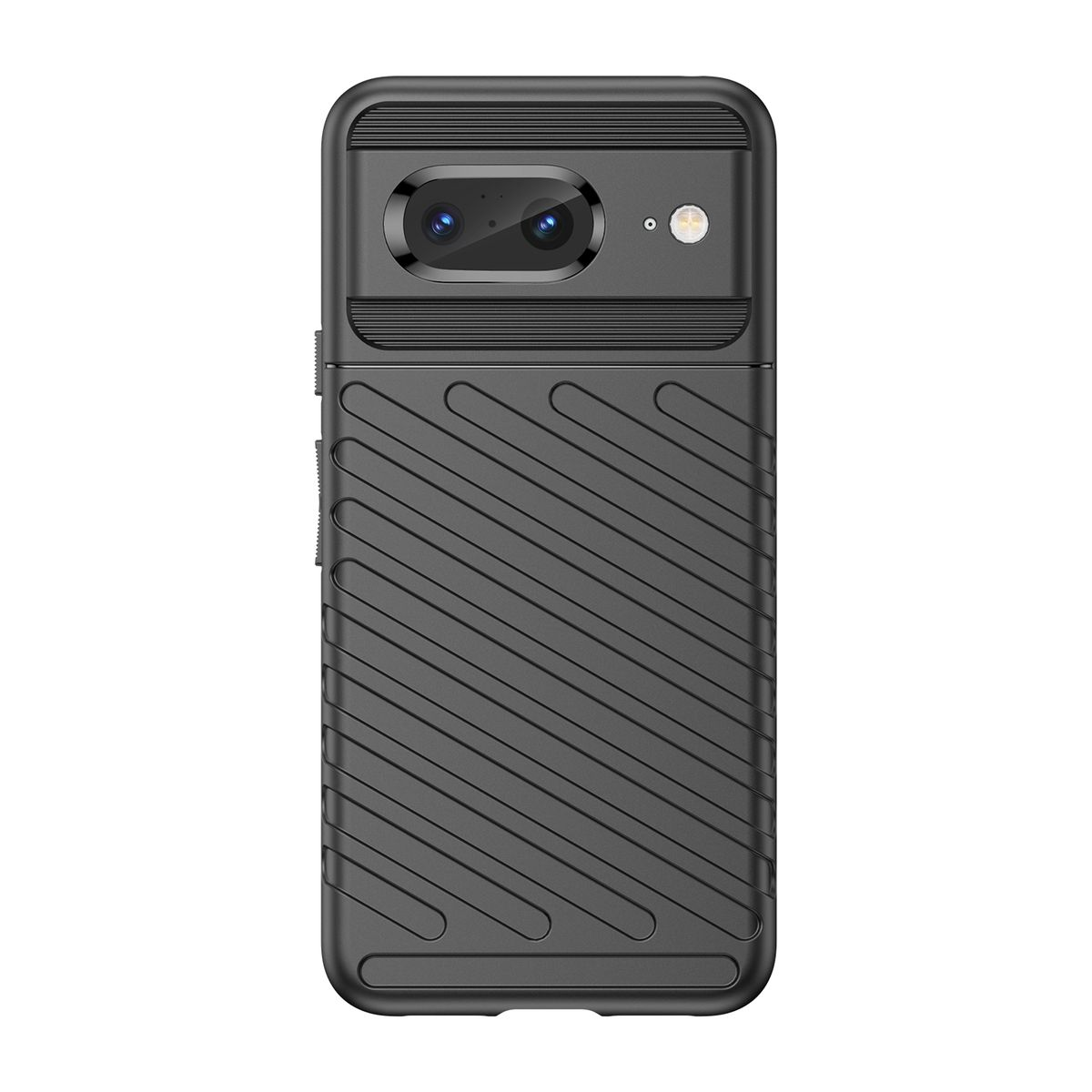 Eine schwarze Handyhülle mit geriffeltem Design, die Rückseite und Seiten bedeckt, mit einem Kameraausschnitt.