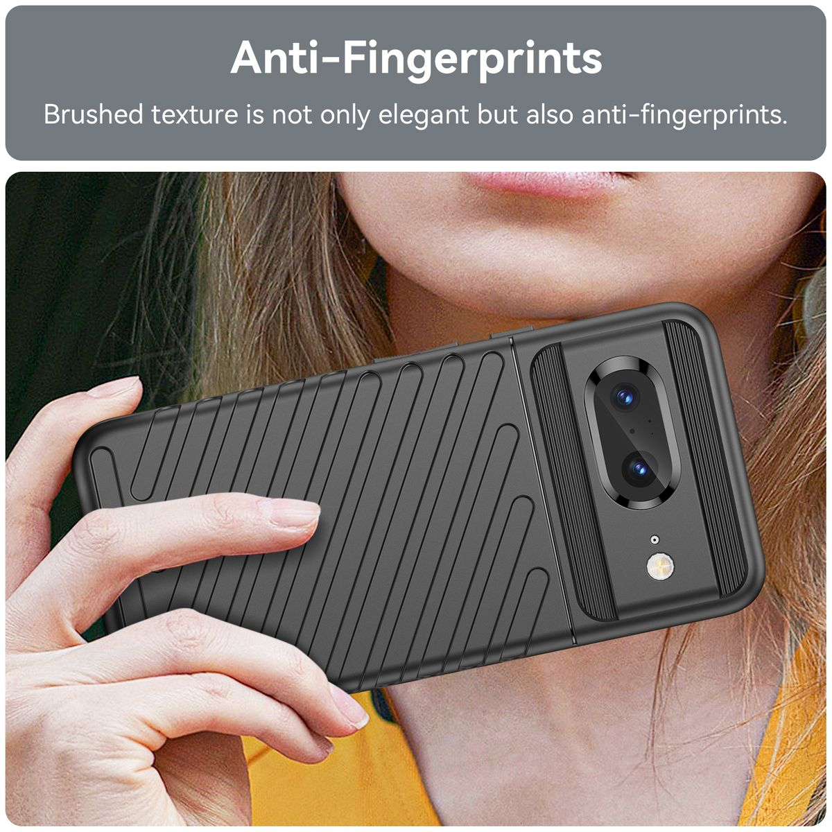 Eine Hand hält eine schwarze Handyhülle mit geriffelter Textur. Text: Anti-Fingerabdrücke.
