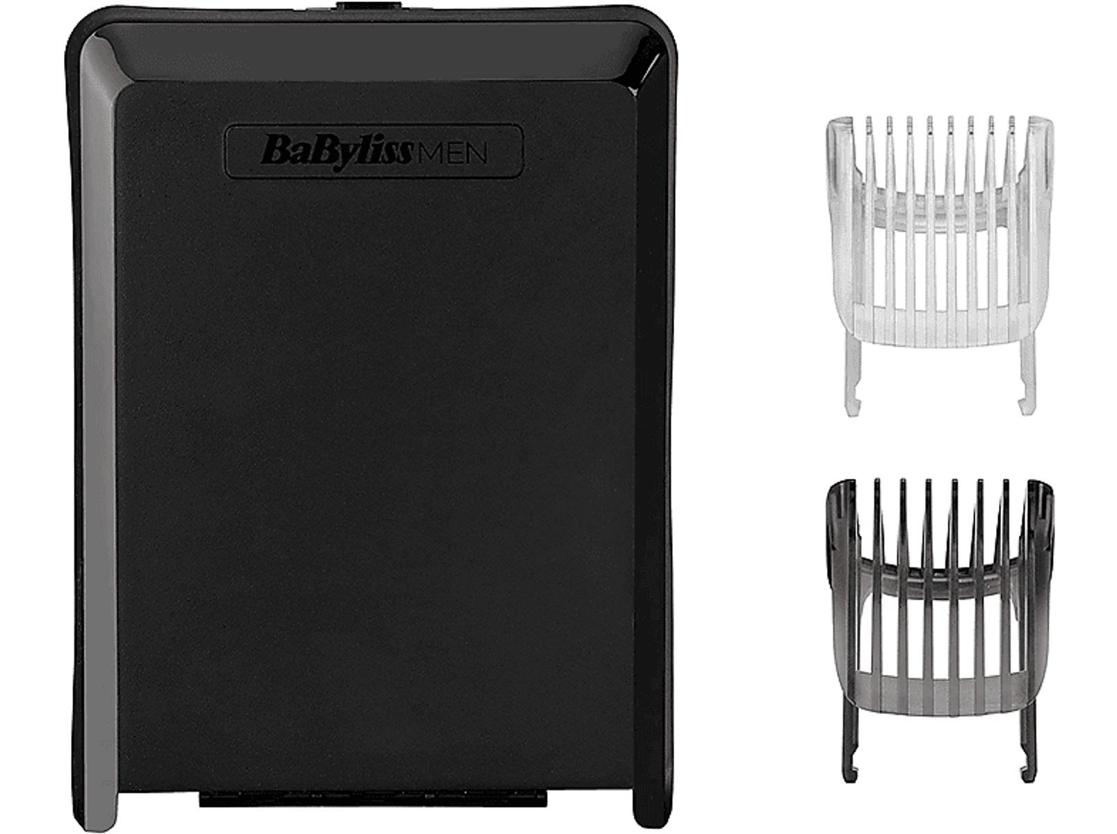 Estuche negro para recortadora BaBylissMEN con dos accesorios. Uno blanco, uno negro, para diferentes longitudes de corte.