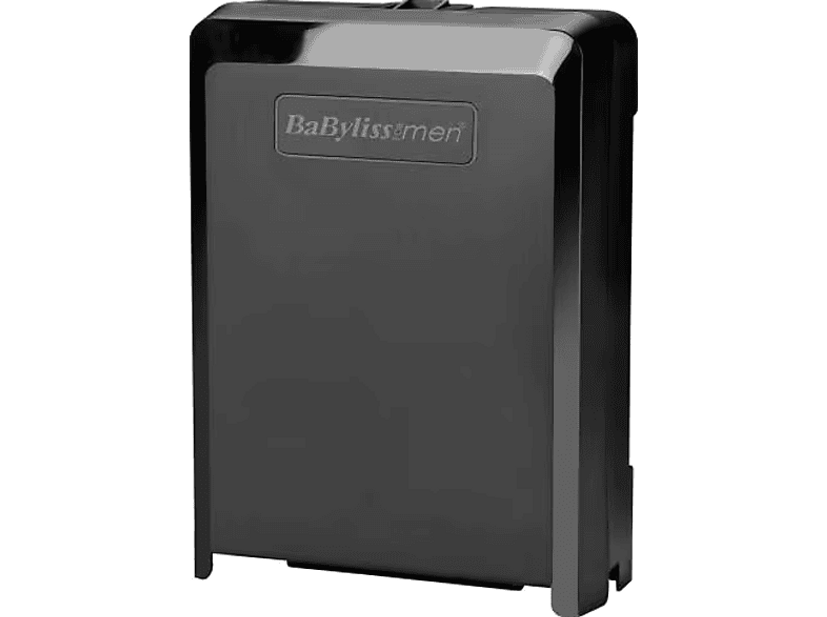 Dispositivo negro y rectangular con el logotipo 'BaBylissmen', sobre un fondo negro.