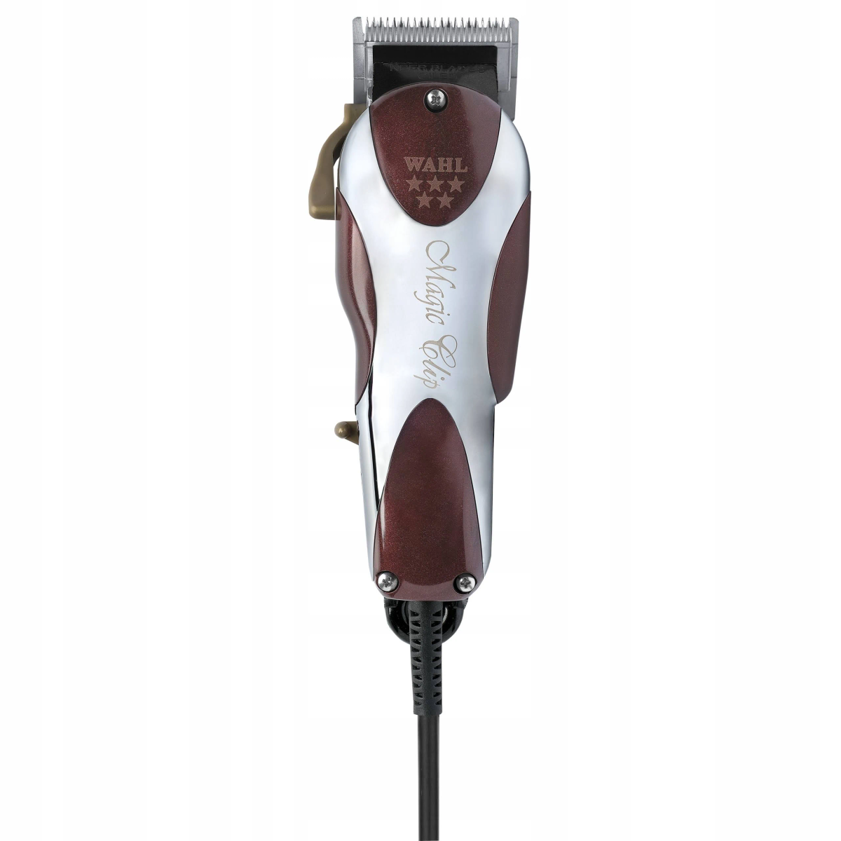 Tosatrice Wahl Magic Clip. Corpo marrone e argento, cavo nero. Lama in alto.