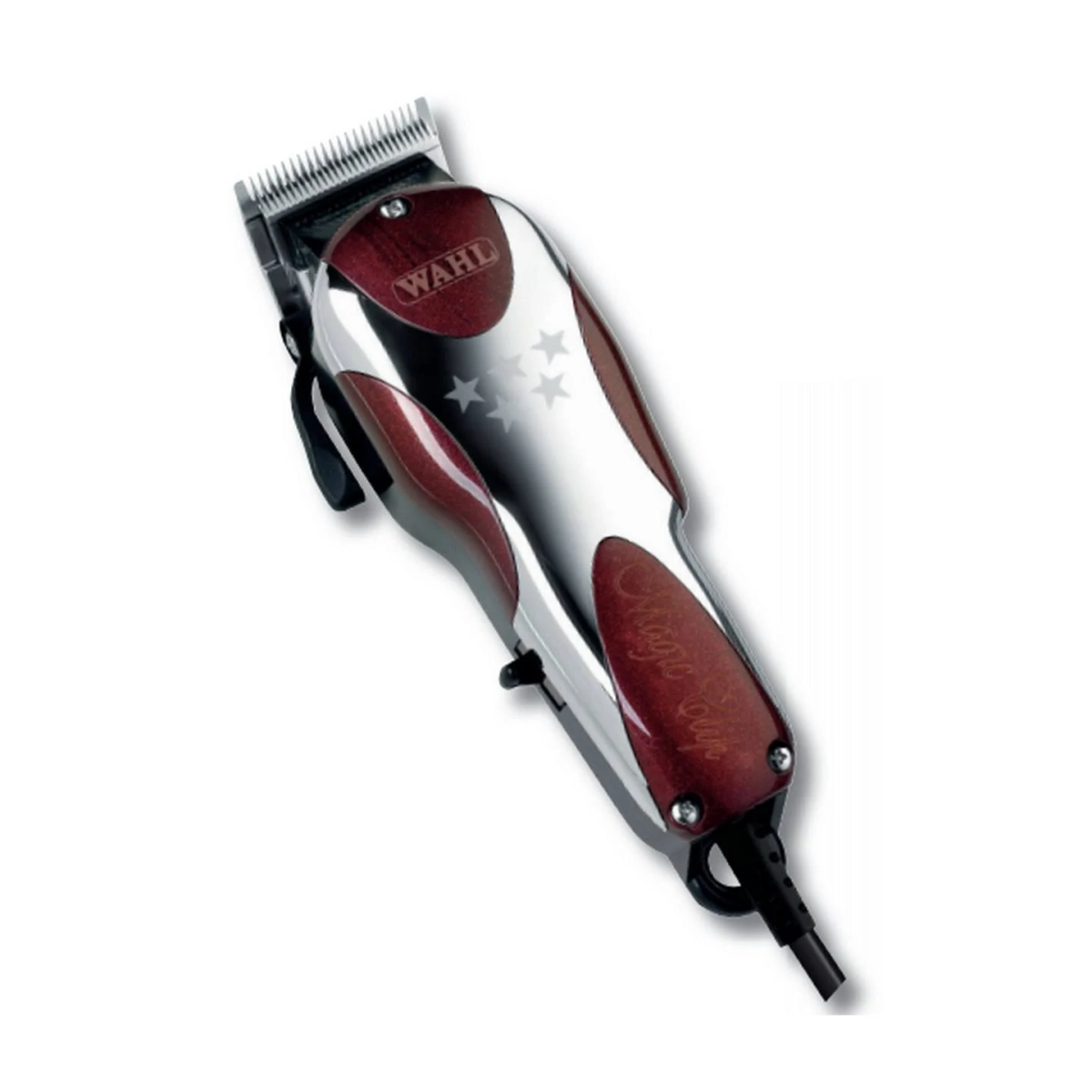 Tosatrice Wahl Magic Clip con design rosso e argento, su superficie bianca.