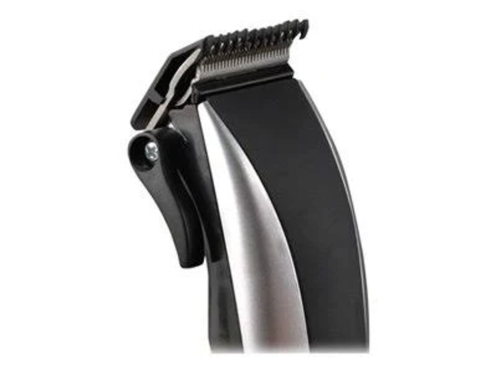 Recortadora de cabello eléctrica negra y plateada, toma de primer plano sobre fondo blanco.
